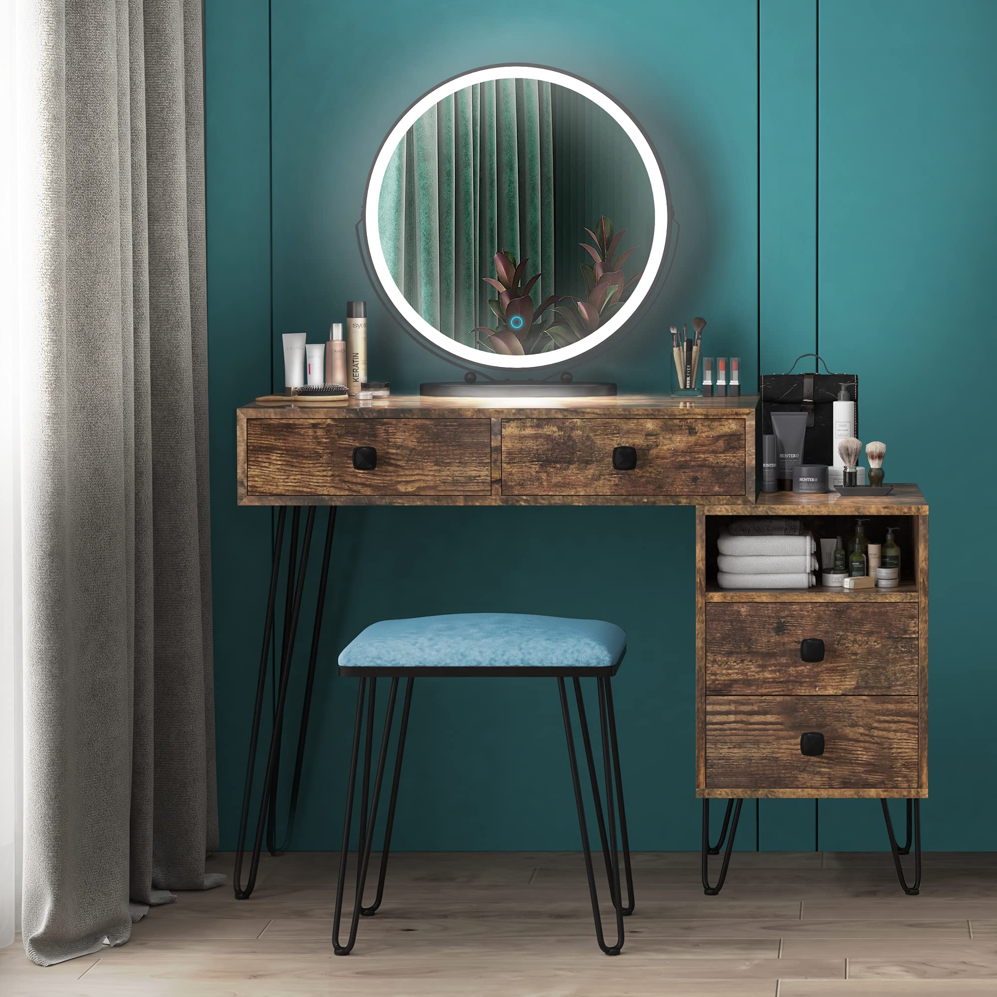 LVSOMT Vanity Desk Set with LED Lighted Mirror, Makeup Vanity Table with Storage Drawers, Small Dressing Table for Bedroom (Brown) - Perfect for Makeup Application & Skincare Routine in Small Spaces