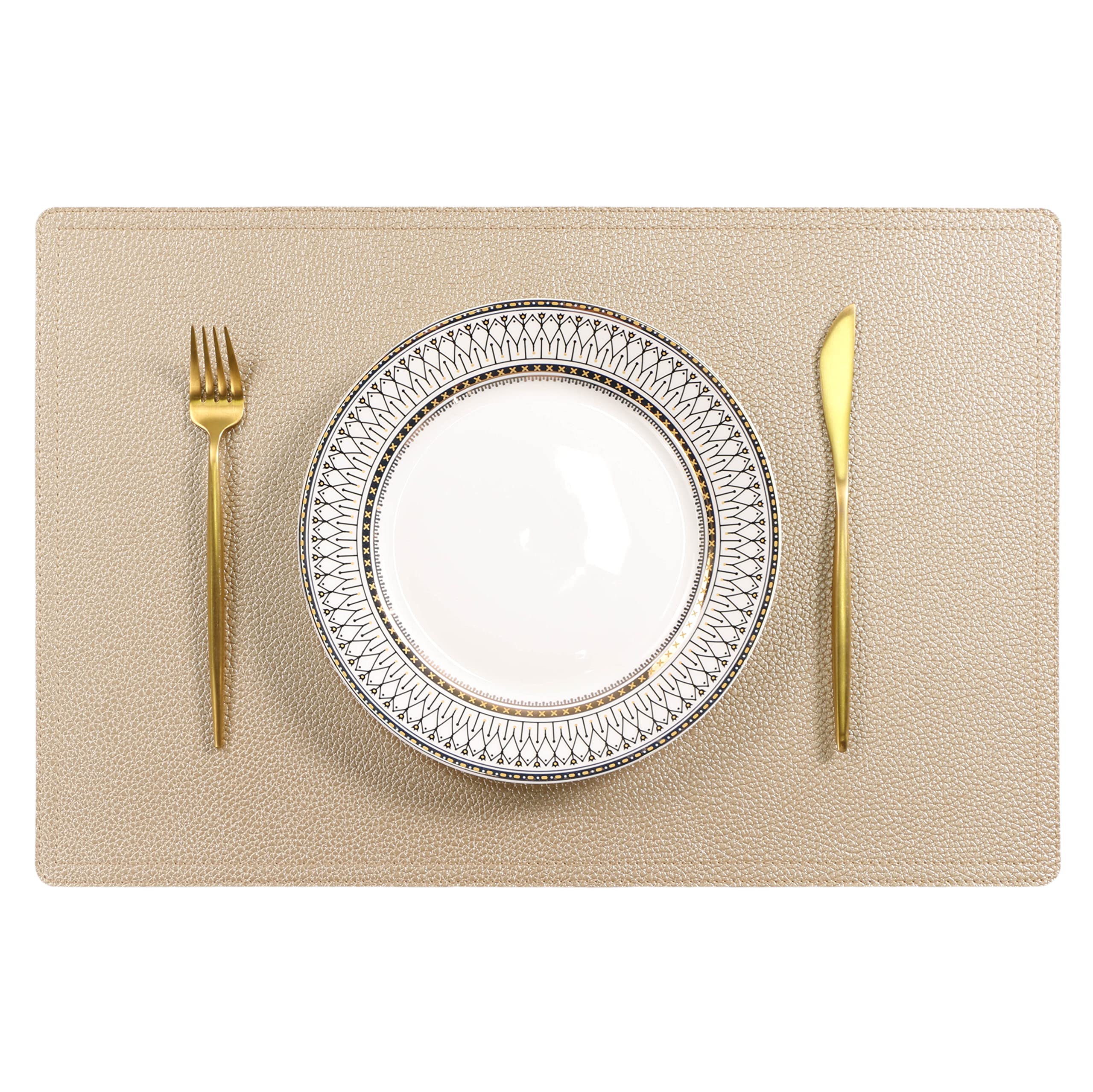 Premium Set of 6 PU Faux Leather Placemats - Waterproof, Stain & Heat Resistant Table Mats for Kitchen, Dining & Conference Tables - Easy Clean Gold Rectangle Place Settings for Elegant Dinner Parties & Professional Meetings