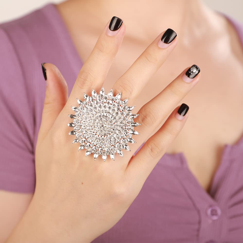 YERTTER Boho Silver Thick Big Round Gemstone Ring - Adjustable Crystal Ethnic Statement Ring for Women - Vintage Rhinestone Band Jewelry for Wedding, Brides, Party & Special Occasions (Silver)