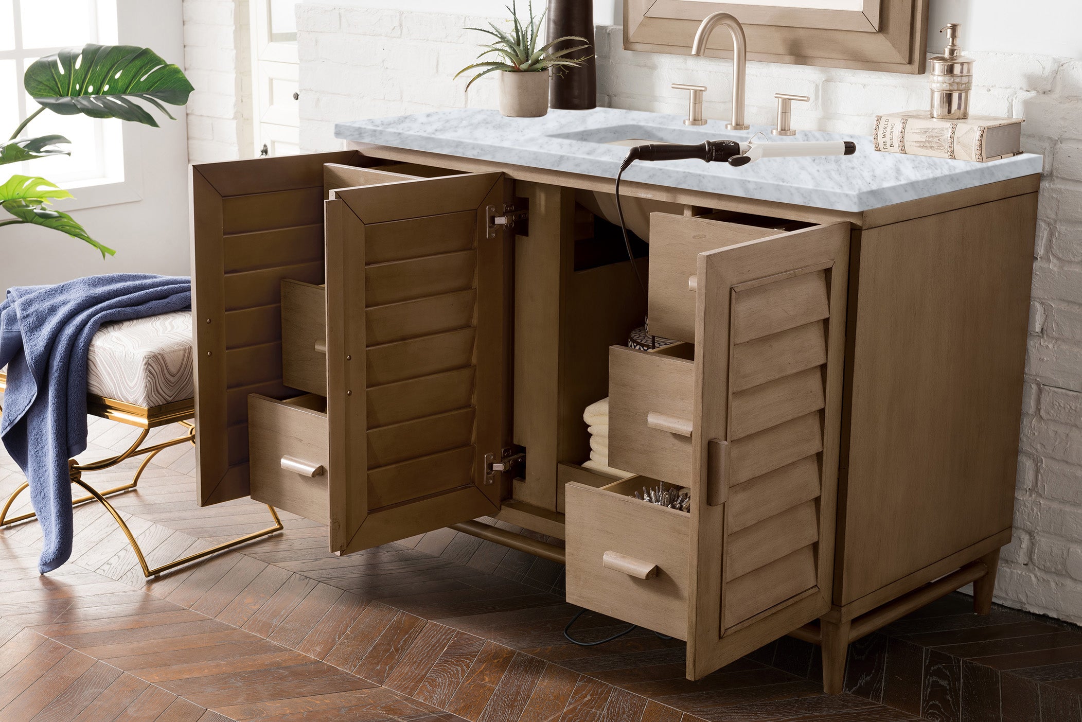 Portland 48 Inch Single Bathroom Vanity with Whitewashed Walnut & 3CM Carrara Marble Top - Perfect for Modern Farmhouse & Coastal Bathroom Designs