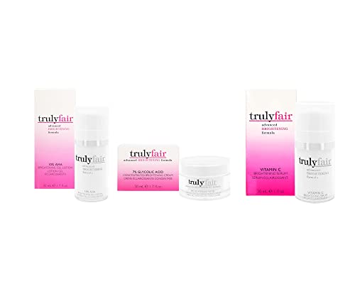Truly Fair Face Brightening Kit - 10% AHA Brightening Gel Lotion 50ml + Vitamin C Serum 30ml + 7% Glycolic Acid Brightening Cream 50ml | Dark Spot Corrector, Even Skin Tone | For Daily Skincare Routine & Nighttime Treatment