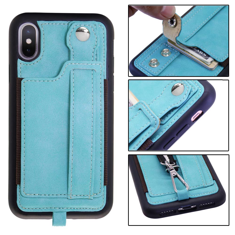 TOOVREN iPhone X/Xs/10 Wallet Case with Card Holder, Detachable Lanyard & Kickstand - PU Leather Protective Phone Cover for Women & Men | Perfect for Travel, Shopping & Daily Anti-Theft Protection (Aqua)