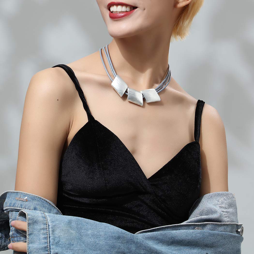 Grey Leather Choker Necklace for Women - Chunky Silver Pendant Fashion Jewelry | Gothic Punk Style, Layering Accessory, Gift Idea
