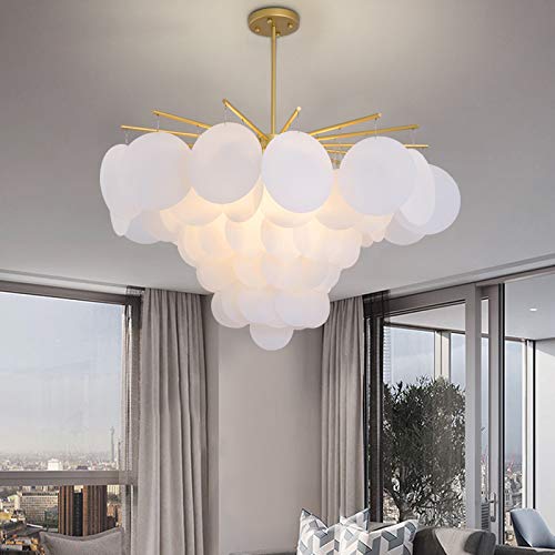 LITFAD 6-Light Modern Sputnik Chandelier with Acrylic Disc - Gold & White Designer Pendant Light for Living Room, Dining Room, Bedroom - 34