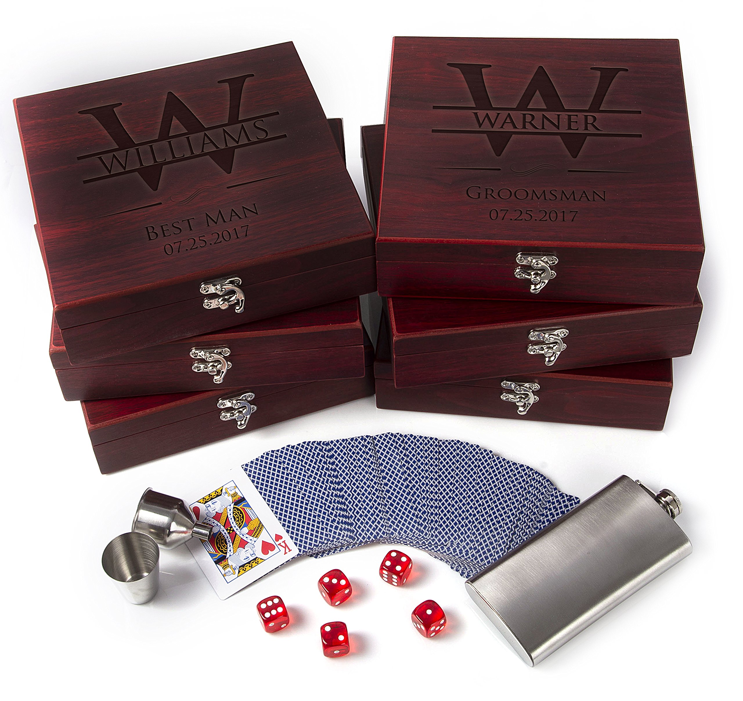 Set of 6 Premium Personalized Groomsmen Gifts - Rosewood Finish Flask with Playing Cards & Dice | Custom Wedding Favors for Groomsmen, Best Man & Bridal Party | Perfect for Bachelor Parties, Weddings & Anniversary Celebrations