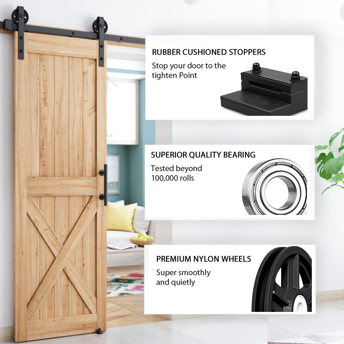 SMARTSTANDARD 10ft Heavy Duty Sliding Barn Door Hardware Kit - Black Industrial Style with Pull Handle & Floor Guide - Fits 60