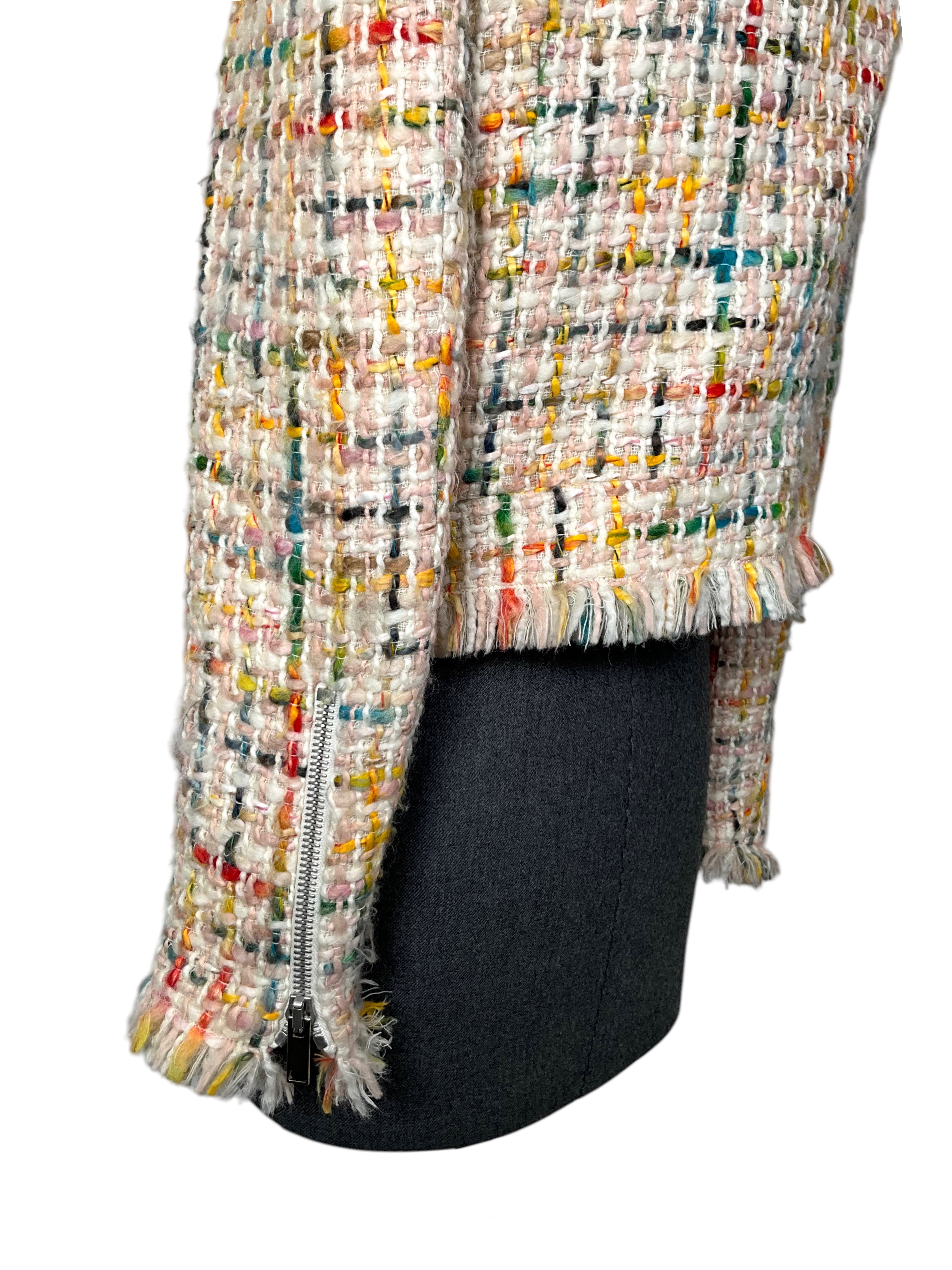Oscar de la Renta Multicolor Tweed Fringe Cropped Jacket Women's Size 8 - Elegant Party Wear for Weddings, Cocktail Events & Night Out