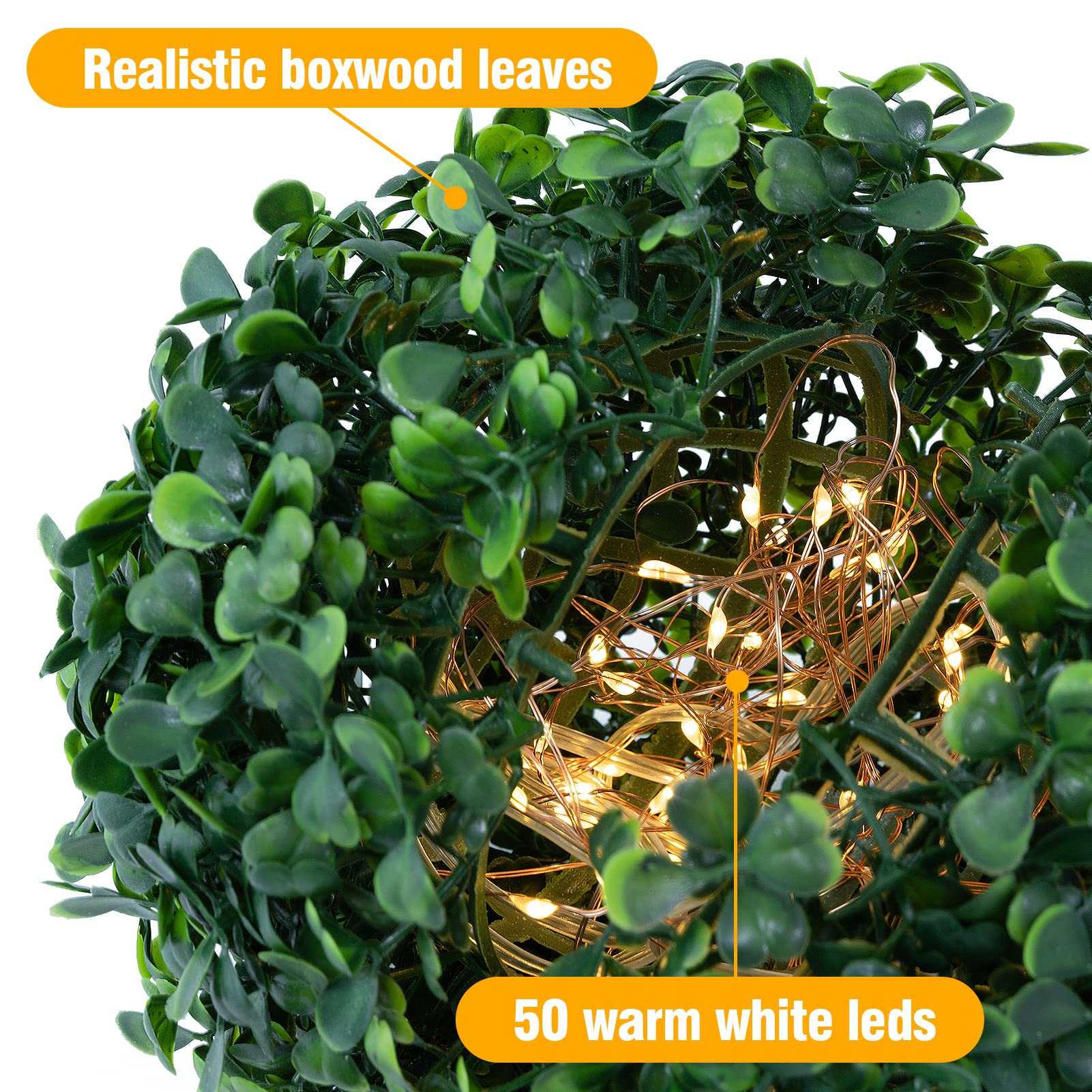 2 Pack Solar Powered LED Artificial Boxwood Topiary Balls with Lights - 16.4 Ft Light Strings & Solar Stake for Outdoor Garden, Lawn, Yard, Front Porch Decor - Perfect for Patio, Wedding, Party & Holiday Decorations