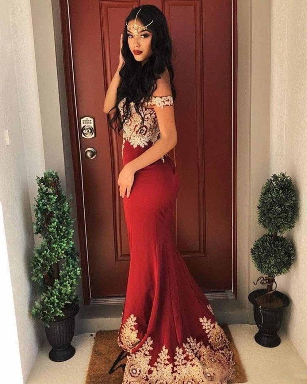 Emanni Women's Gold Lace Applique Mermaid Prom Dress - Off Shoulder Formal Evening Gown for Homecoming, Wedding Guest & Black Tie Events