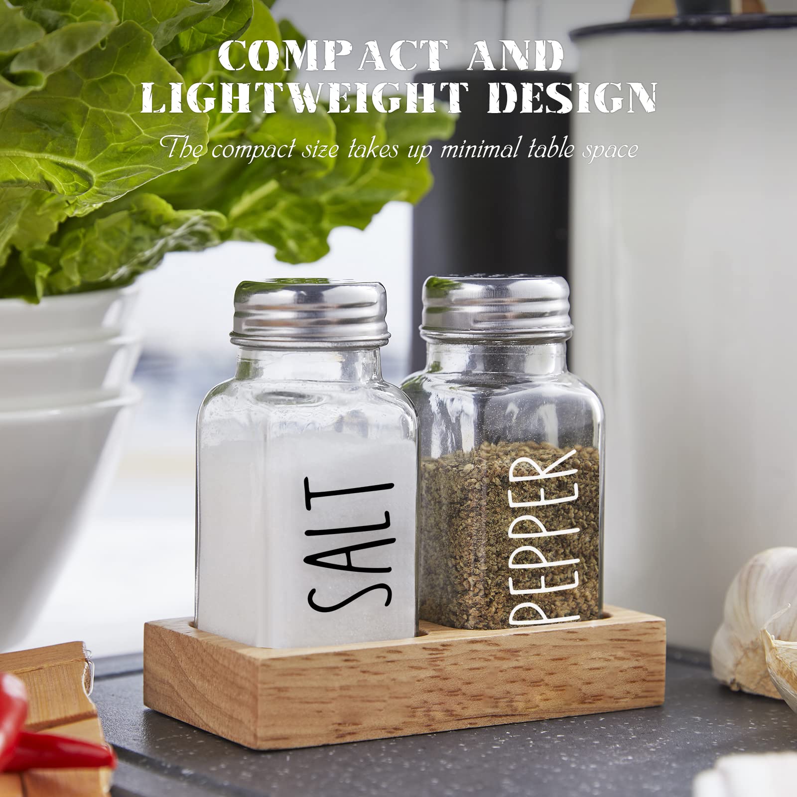 Dopeca Clear Glass Salt and Pepper Shakers Set with Wooden Holder - 2.7 oz Refillable Kitchen Seasoning Dispenser for Countertop or Dining Table - Perfect Wedding Gift & Home Decor Accessory - Ideal for Everyday Cooking, Entertaining, and Restaurant Use