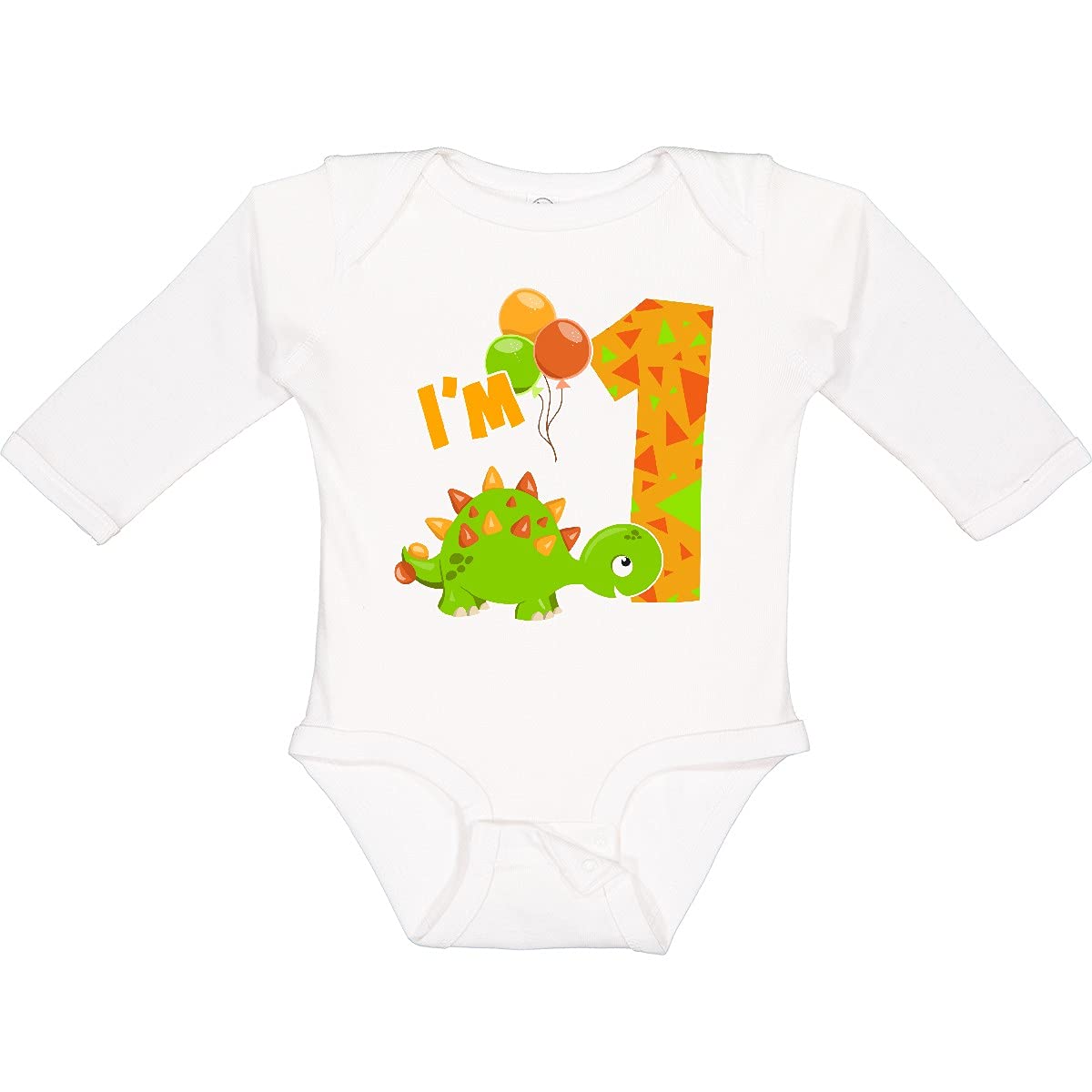 Inktastic Happy Dinosaur First Birthday Green Long Sleeve Baby Bodysuit - Cute Dino Outfit for 1 Year Old Boys Girls, Birthday Party & Photo Shoot