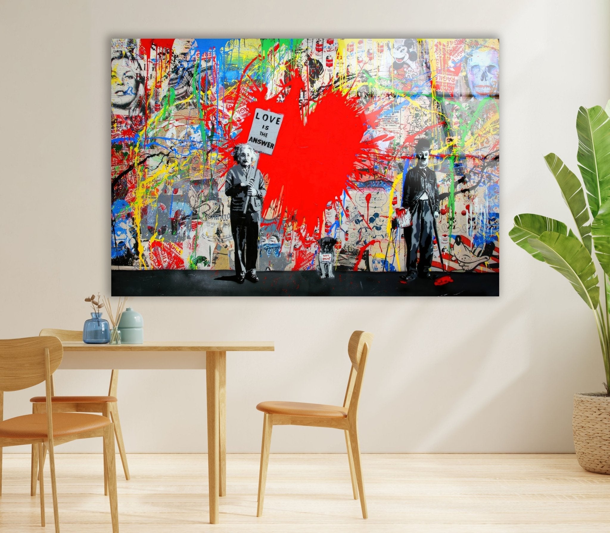 Banksy Einstein Love is the Answer Glass Wall Art - Modern Home Decor for Living Room, Bedroom & Office