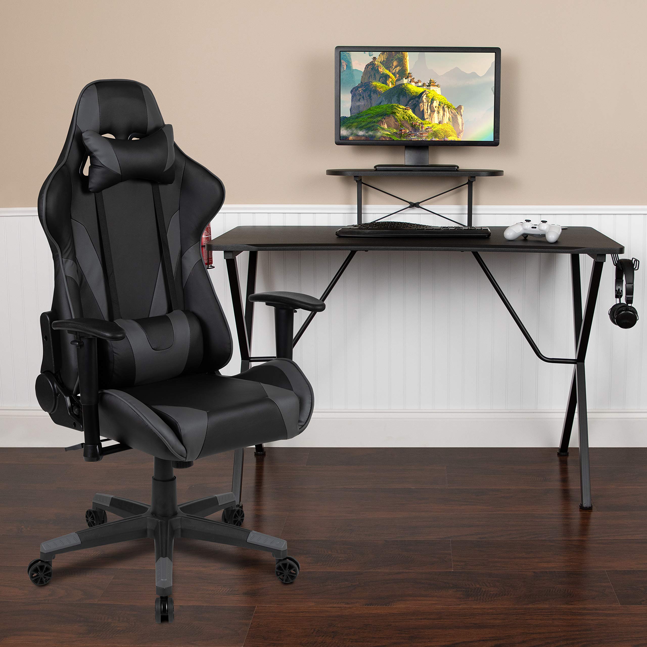 Flash Furniture Optis Black Gaming Desk & Gray Reclining Gaming Chair Set with Cup Holder, Headphone Hook, Monitor Stand - Ergonomic Computer Desk for PC Gaming Setup, Streaming & Home Office Workstation