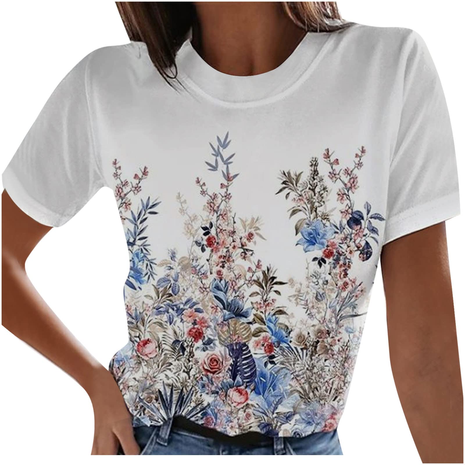 Women's Casual Floral Graphic Print Crewneck T-Shirt - Trendy Summer Short Sleeve Tunic Top for Women | Perfect for Beach Outings, Date Nights & Everyday Wear