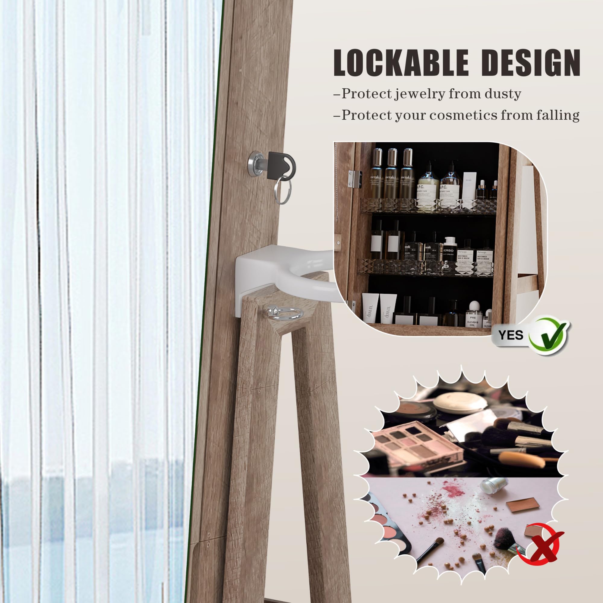 HWB Full Length Mirror with Storage - Standing Jewelry Cabinet with LED Lights, 360° Rotatable Jewelry Armoire Organizer with Foldable Makeup Shelf, Brown - Perfect for Bedroom, Dressing Room & Closet Organization