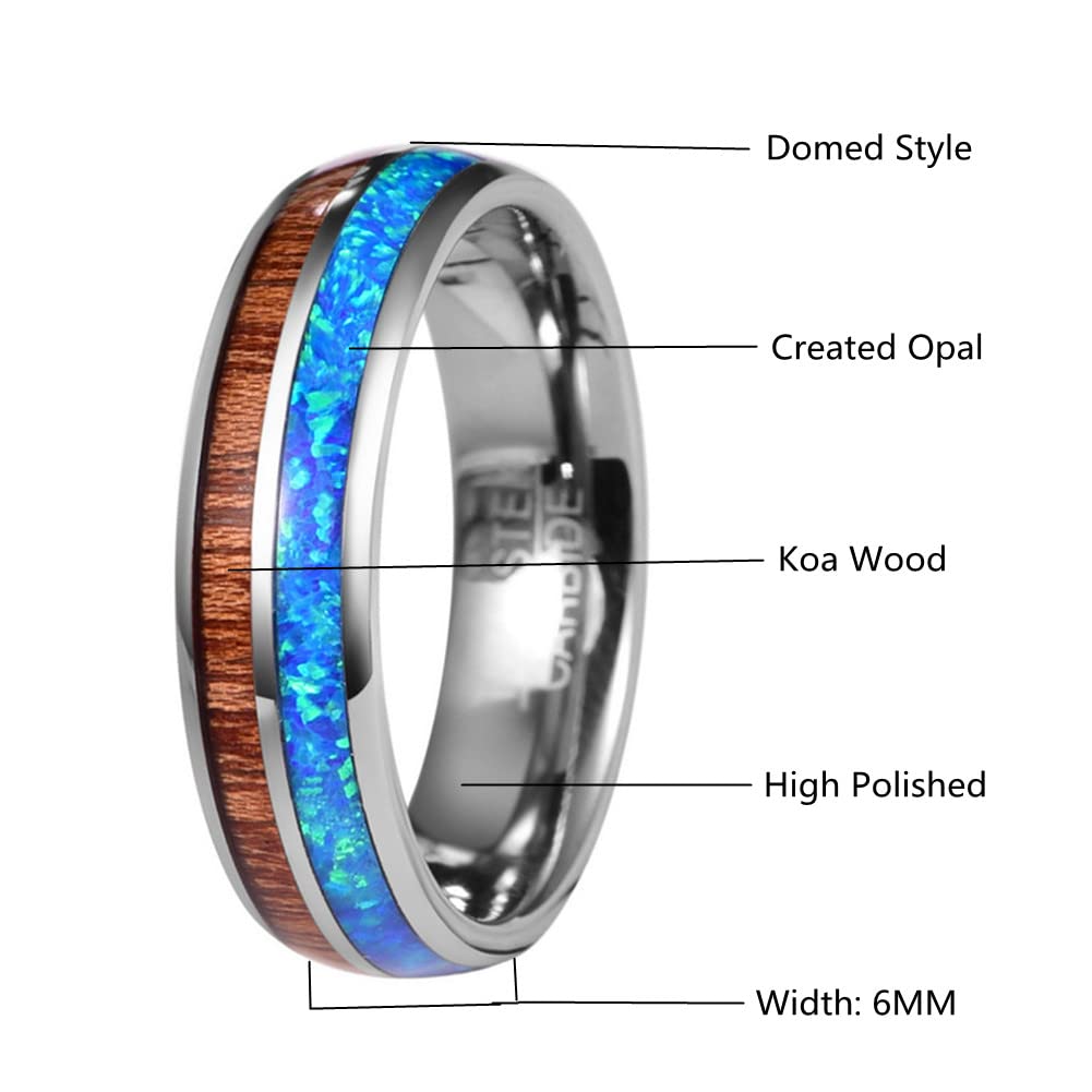 6MM Silver Tungsten Rings for Men & Women - Hawaiian Koa Wood & Blue Opal Inlay Wedding Bands, Comfort Fit Size 6-12 - Perfect for Anniversaries, Engagements & Unique Gift Giving