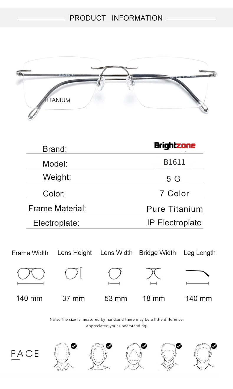 Brightzone Unisex Rimless Square Polygon Titanium Eyeglasses 71611 - Lightweight & Durable Frame for Reading, Work & Fashion - Perfect for Office, Driving & Daily Wear