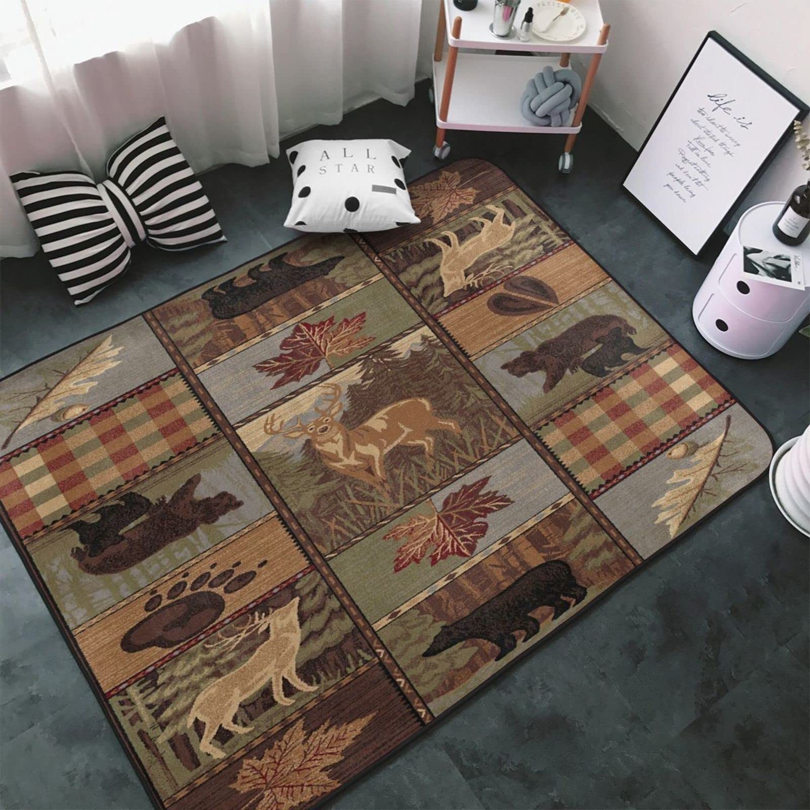 Rustic Cabin Area Rug with Wildlife Bear Moose Deer Design - Soft Washable Carpet for Nursery, Bedroom & Living Room - 6' x 4' Country Style Rug for Boys & Girls - Perfect for Cozy Cabins, Kids Rooms & Home Decor