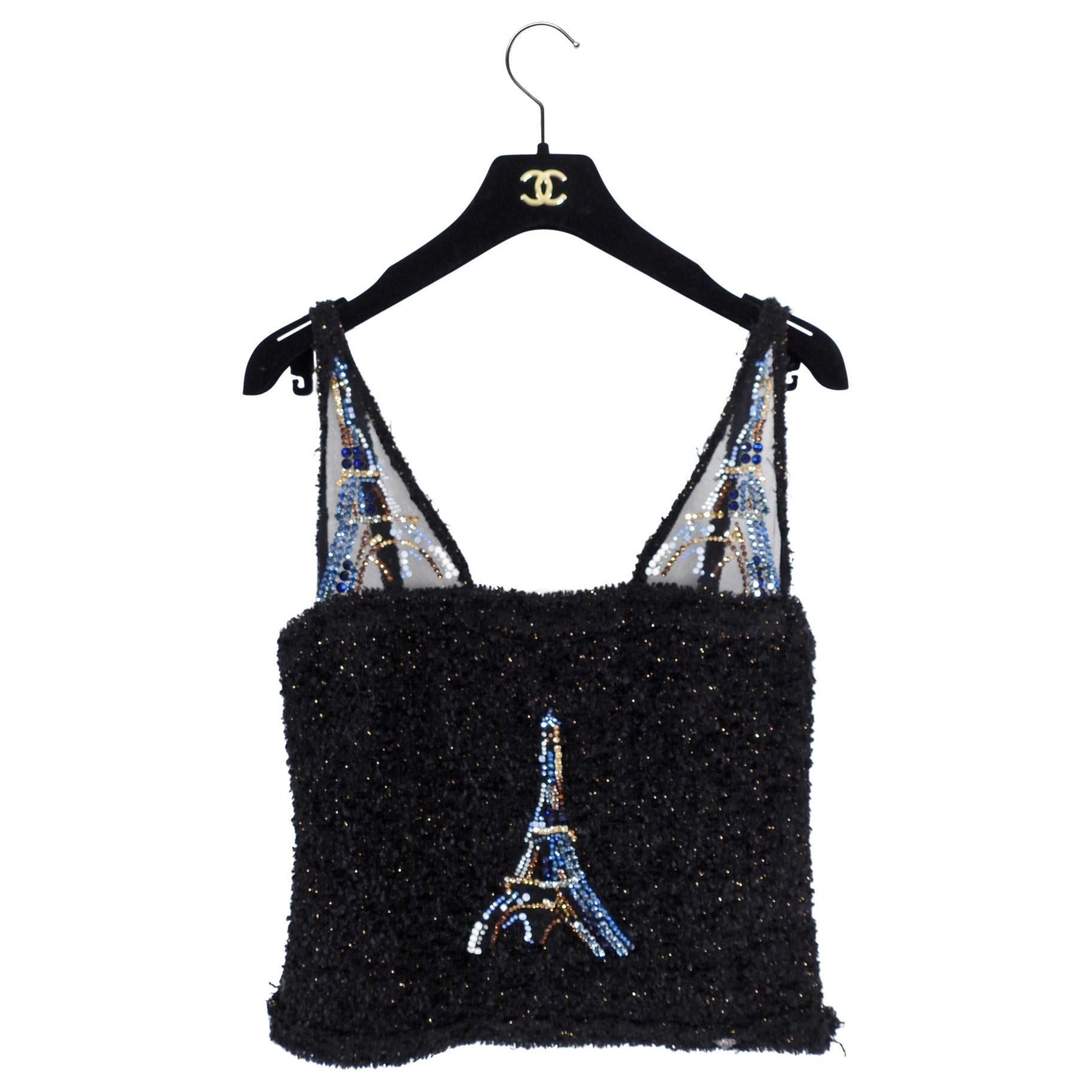 Chanel 17A Paris Eiffel Tower Tweed Crystal Top Women's Blouse Size FR38 - Elegant French Fashion for Parties & Special Occasions