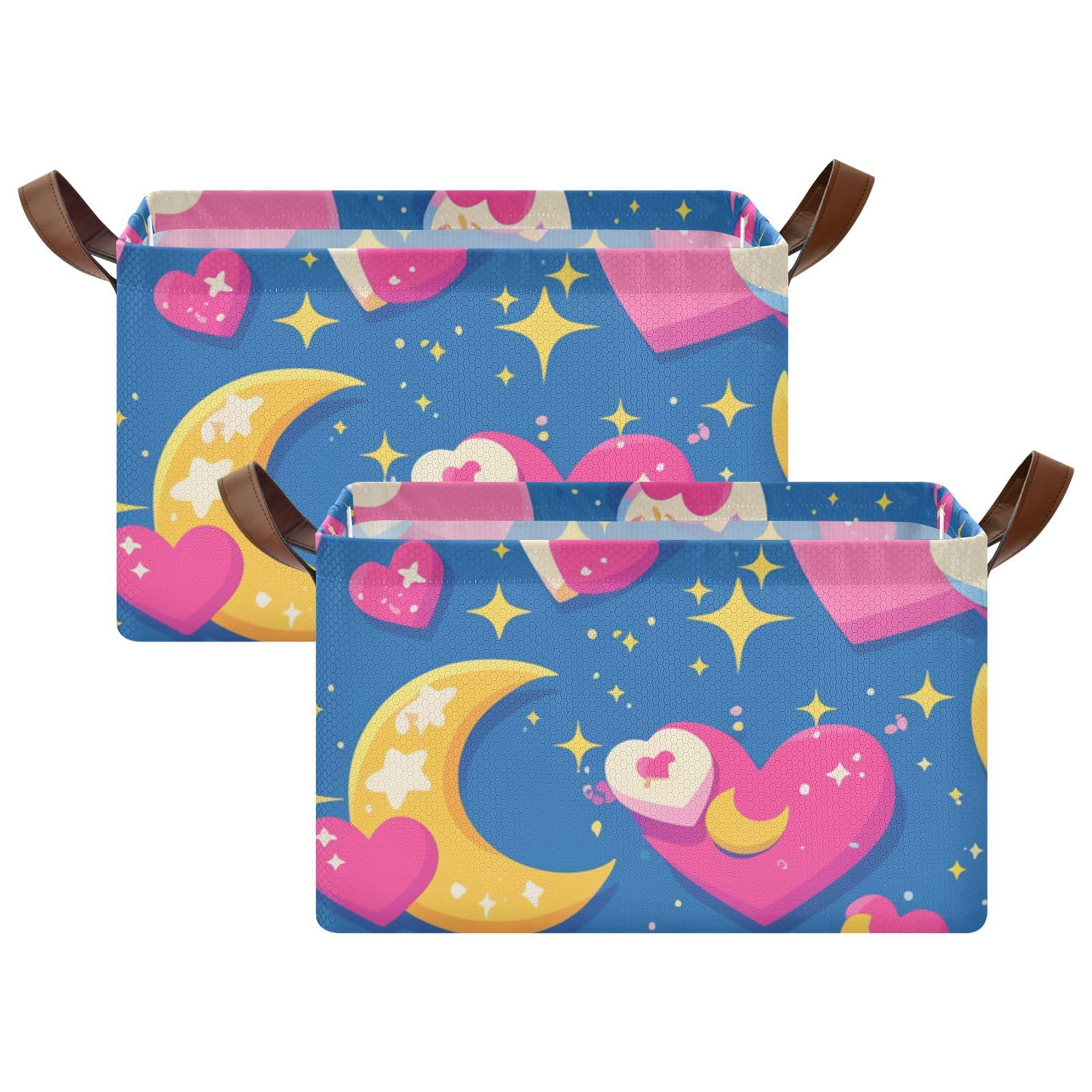 Moon Pixel Art Valentine's Day Decorative Foldable Storage Baskets - 2 Pack Closet Organizer Bins with Handles for Bedroom, Office & Nursery Organization | Space-Saving Storage Cubes for Home Decor