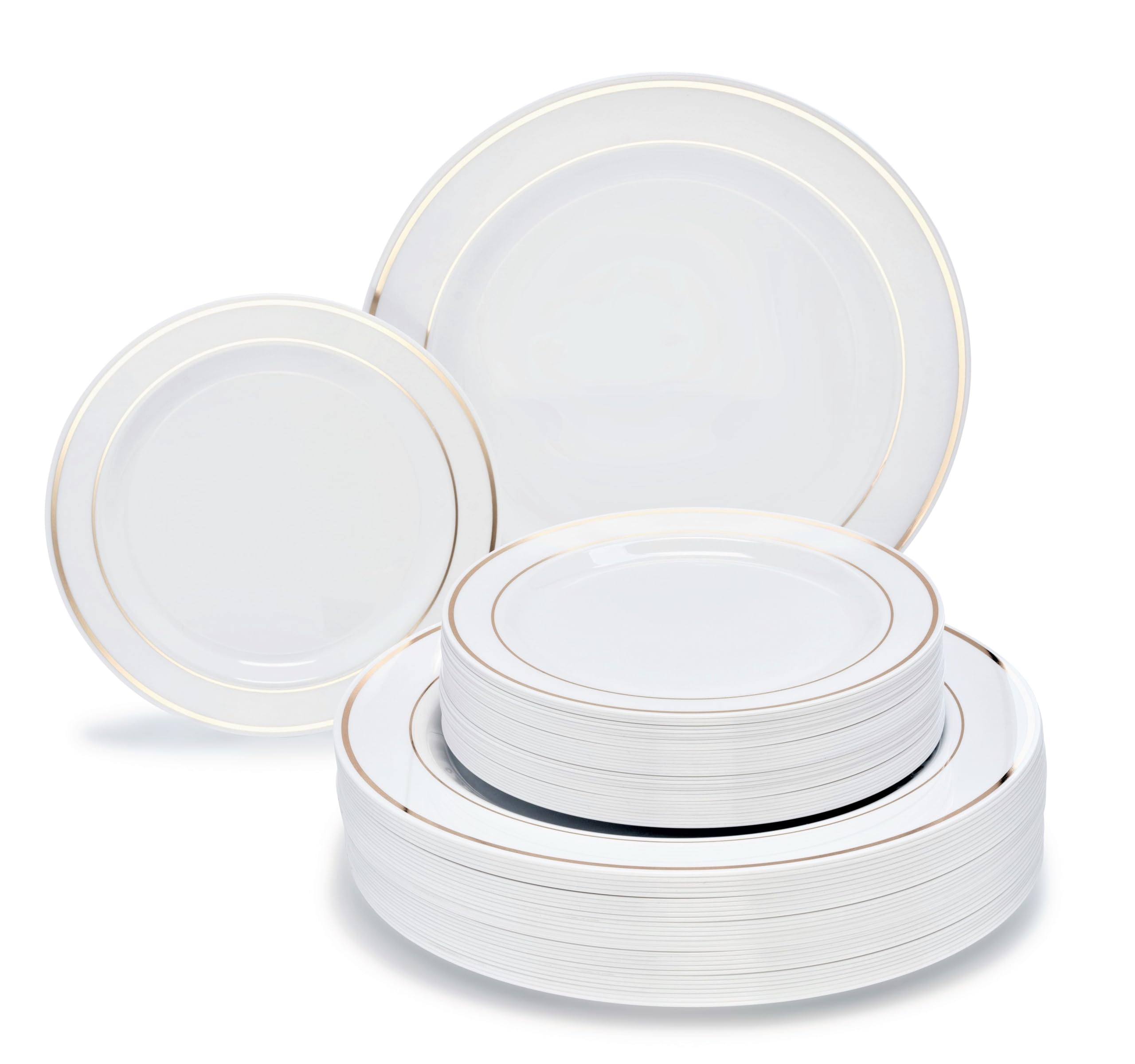 60-Pack Heavyweight Disposable Plastic Plates for Weddings & Parties - 10.5'' Elegant White Dinner Plates with Gold Rim - Perfect for Bridal Showers, Birthday Celebrations & Catering Events