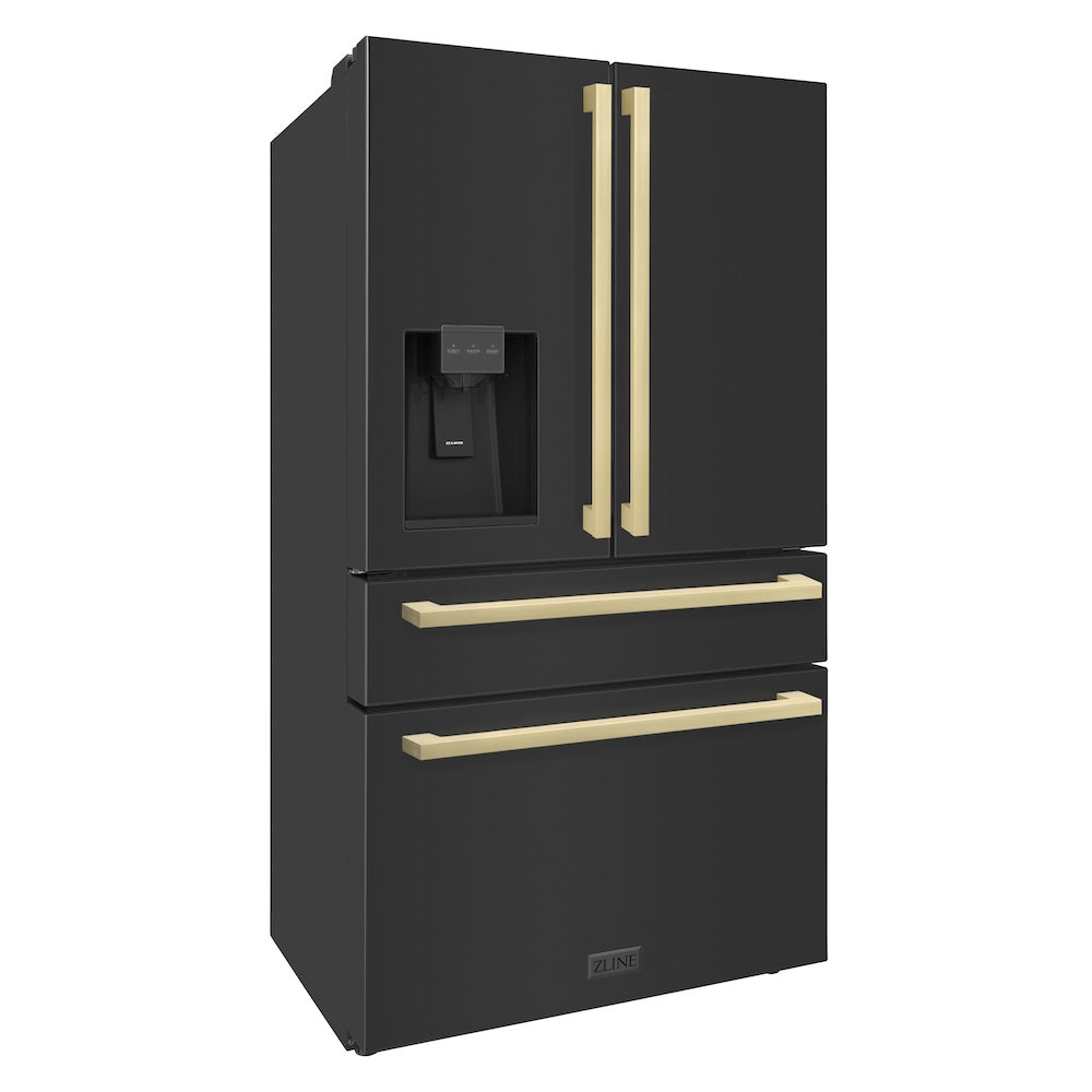 ZLINE Autograph Edition 36 Inch Counter Depth French Door Refrigerator - 21.6 cu.ft Capacity, Fingerprint Resistant Black Stainless Steel with Champagne Bronze Handles, Built-in Water and Ice Dispenser - Perfect for Modern Kitchens and Open-Concept Living Spaces (Model RFMZ W36 BS FCB)