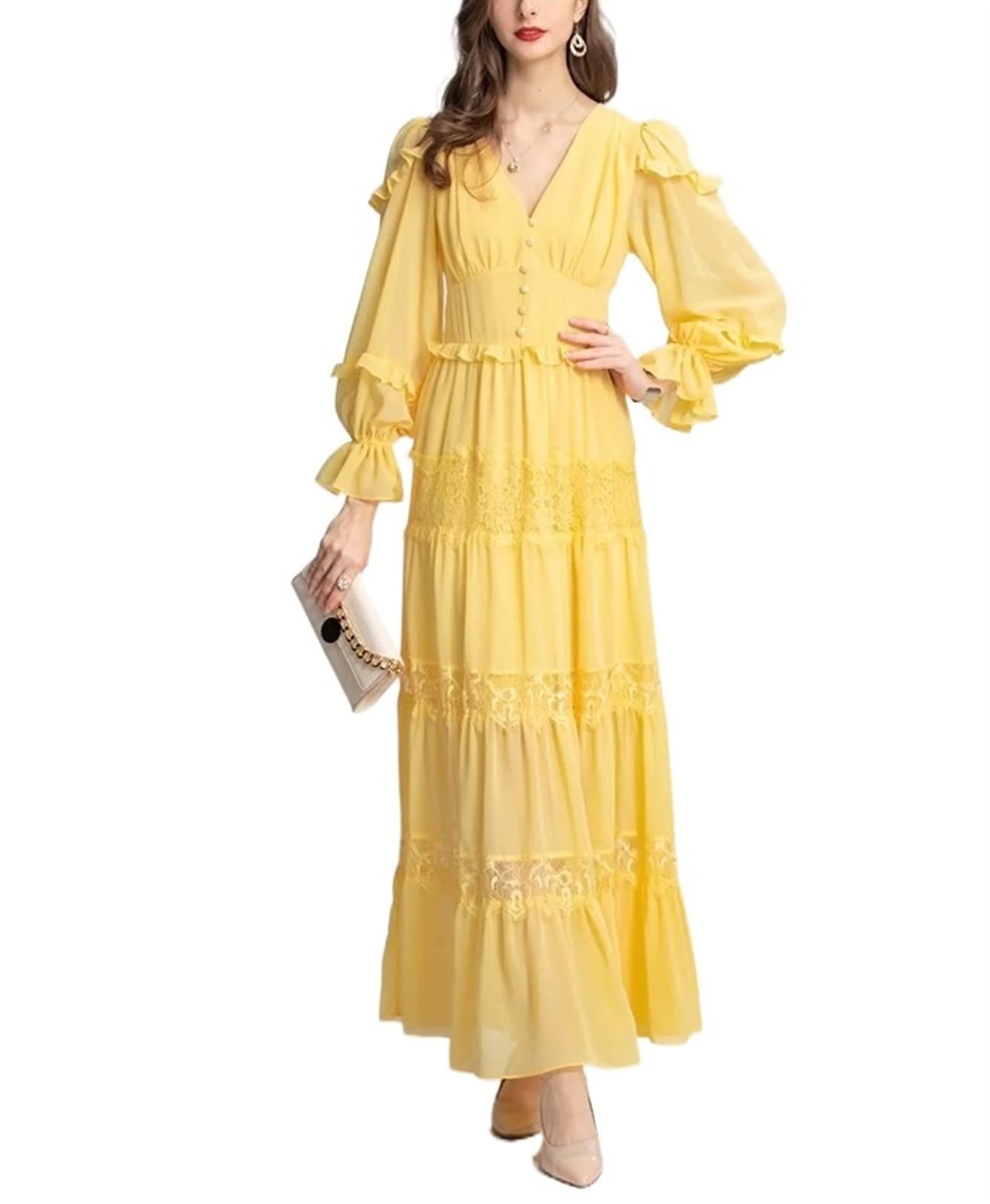 2022 Fashion Women's V-Neck Flare Sleeve High Waist Casual Minimalist Long Dress - Yellow Small | Spring Vacation, Party, Date Night Outfit