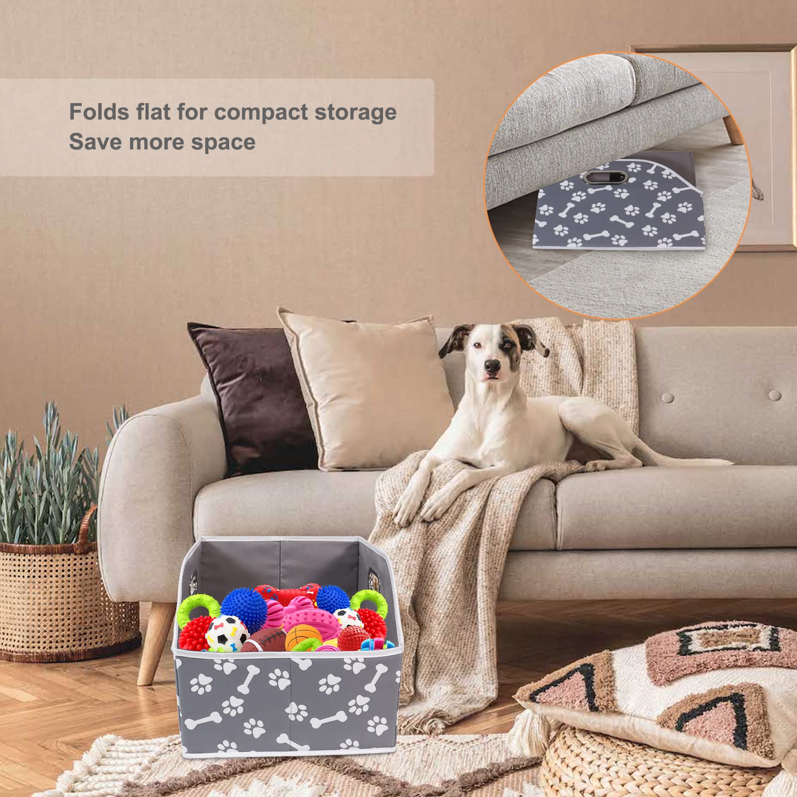 Foldable Dog Toy Storage Bin with Handle - Pet Toy Organizer Box for Blankets, Shelves & Closet - Bone Claw Design - Perfect for Home, Nursery & Playroom Organization