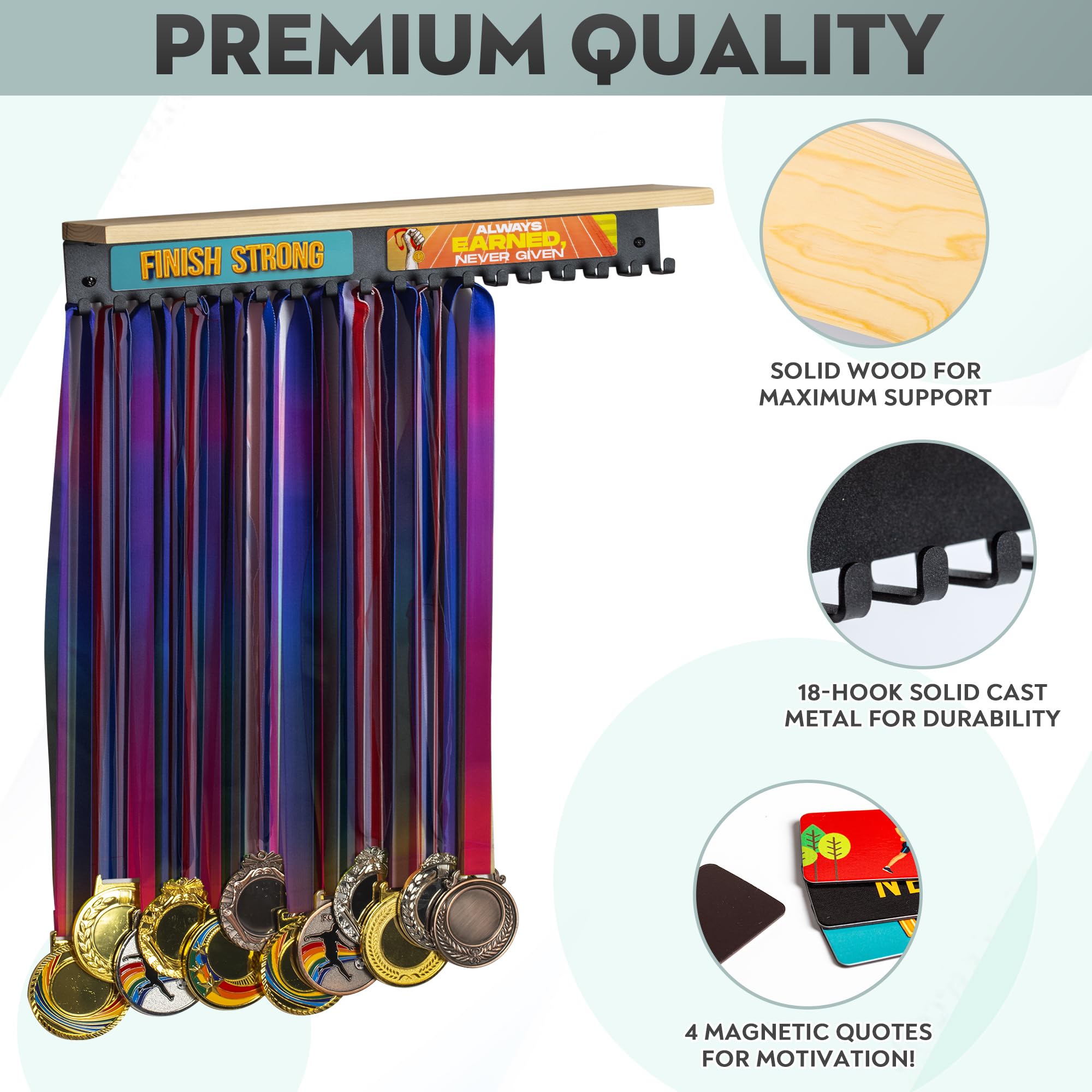 Beaux Creatives Premium Medal Hanger Display with Shelf - 18 Hooks Holds Up to 60 Medals - Wall Mount Trophy Organizer with Motivational Quotes - Perfect for Sports Awards, Military Ribbons & Achievement Displays in Home, Office or Gym