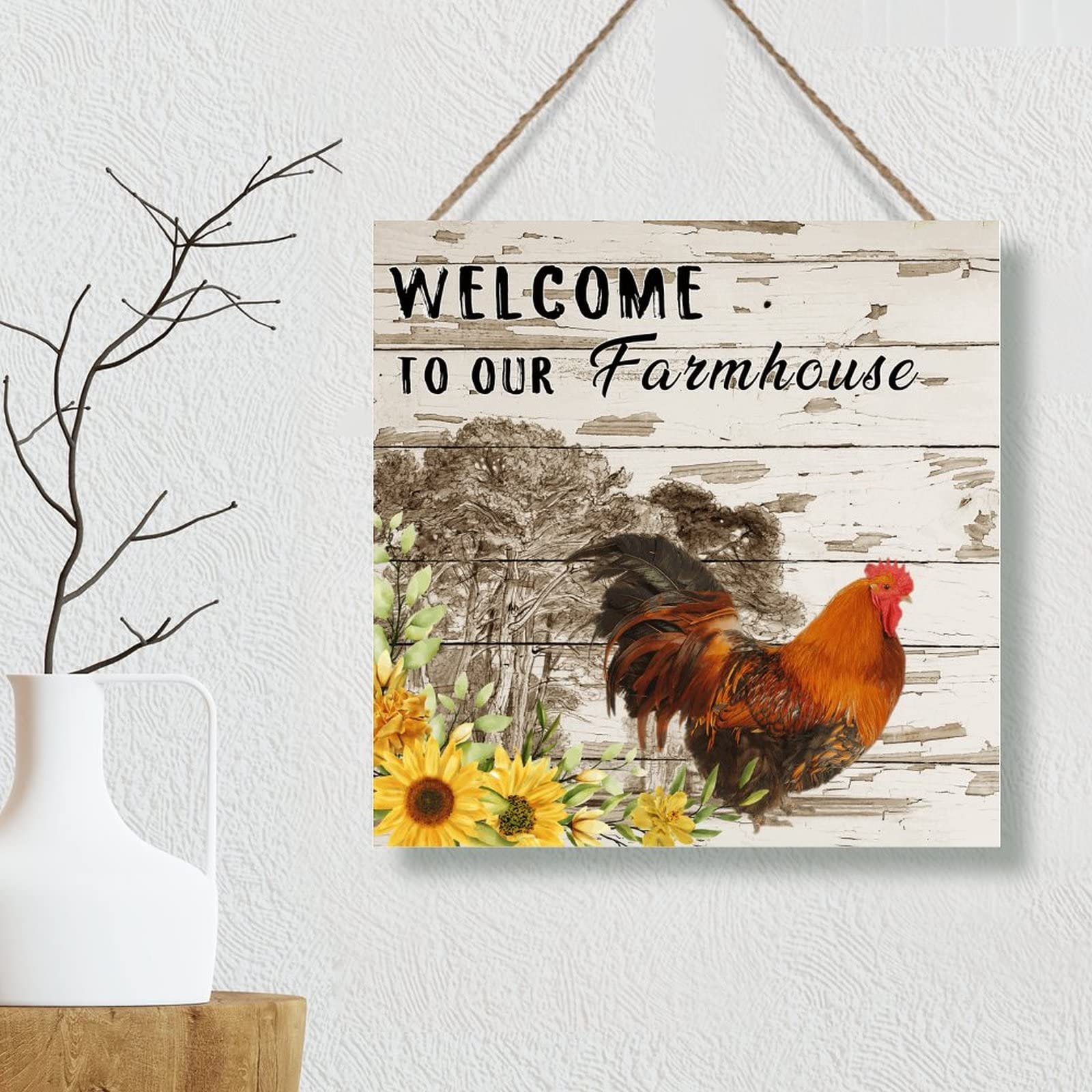 Distressed Wood Welcome Sign - Rustic Farmhouse Decor for Chicken Coop, Home, Office & School - 12x12 Inch Farmhouse Plaque with Rooster Design - Perfect for Country Kitchen, Porch, or Barn Wall Decor