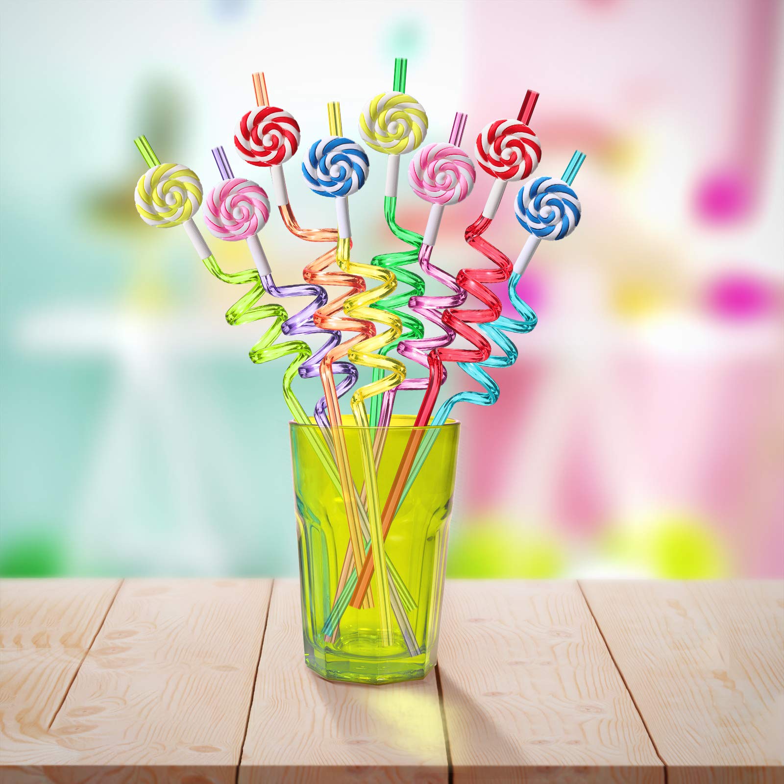 Colorful Reusable Plastic Drinking Straws for Kids - 24 Pack with 2 Cleaning Brushes | Candy Lollipop Theme Birthday Party Supplies, Baby Shower, Pool Party & Summer Celebrations