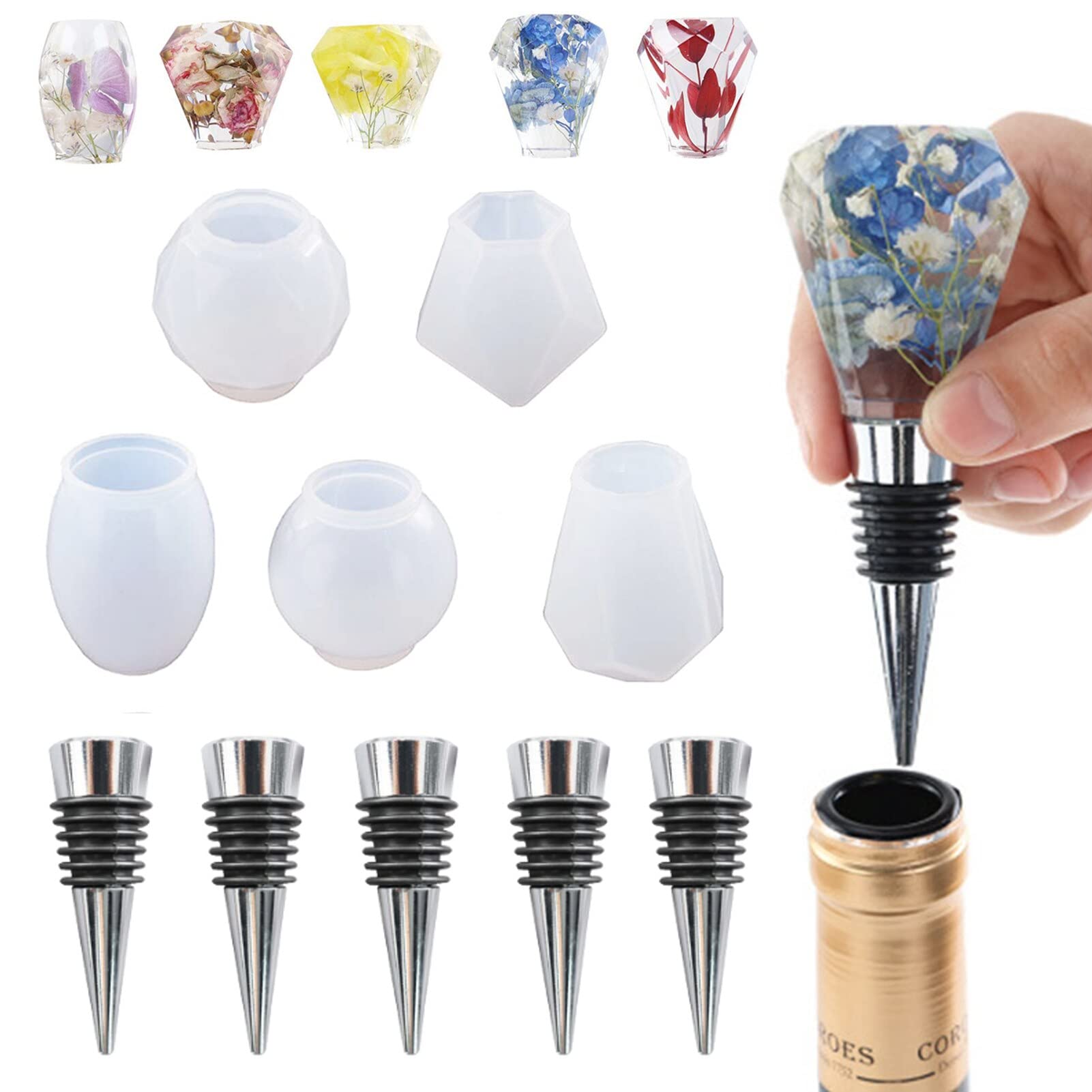 5Pcs Geometric Spherical Wine Bottle Stoppers - Crystal Epoxy Silicone Molds for DIY Resin Crafts - Perfect for Homemade Gifts, Jewelry Making, and Wine Bottle Decorations