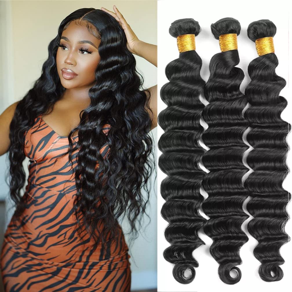 Brazilian Virgin Human Hair Bundles 22 24 26 Inch - Loose Deep Wave Hair Extensions for Black Women | Natural Black Hair Weave for Styling & Volume | Perfect for Daily Wear, Parties & Special Occasions