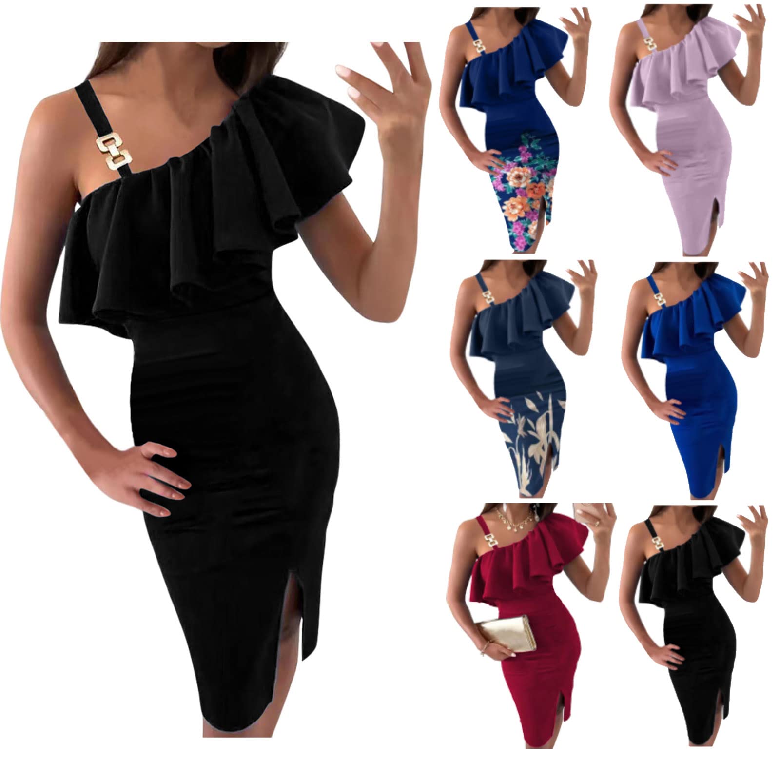 Sexy One Shoulder Ruffle Midi Dress for Women - Floral Print Bodycon Party Dress with Split Design, Sleeveless Summer Cocktail Dress for Night Out, Date Night, Club Wear and Special Occasions