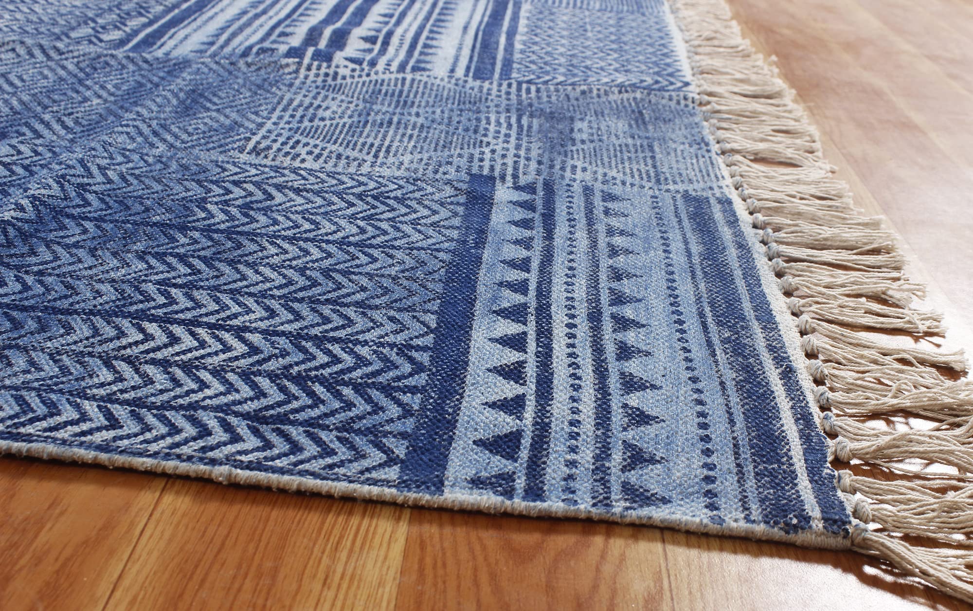 3x10 Ft Blue Cotton Dhurrie Abstract Kilim Rug - Indoor Outdoor Flatweave Runner Carpet for High Traffic Areas | Perfect for Bedroom, Bedside, Kitchen, Hallway & Stair Use