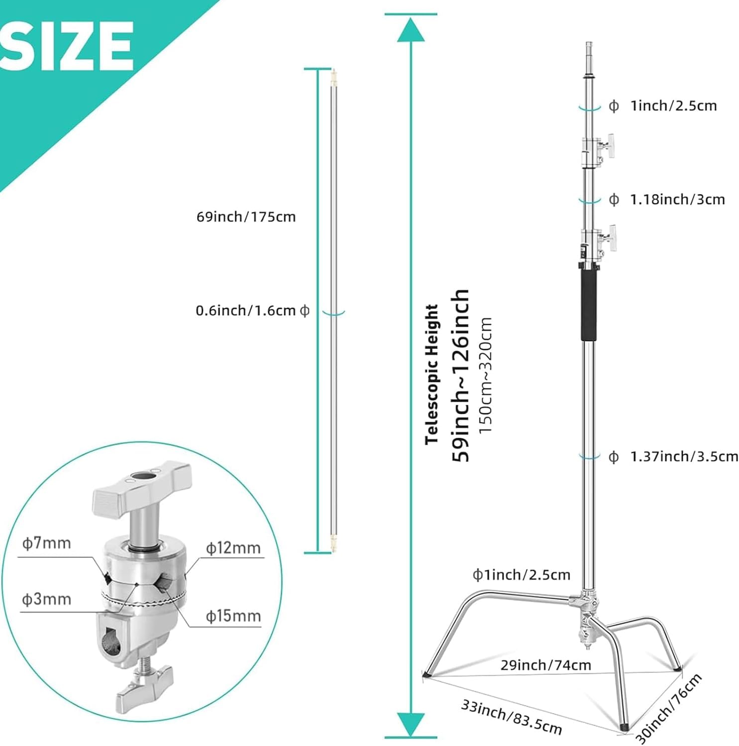 Heavy Duty C Stand with Boom Arm for Photography - 10.8ft/330cm Max Height, 4.2ft/127cm Holding Arm, Silver Stainless Steel Light Stand | Perfect for Studio Lighting, Video Production & Portrait Photography