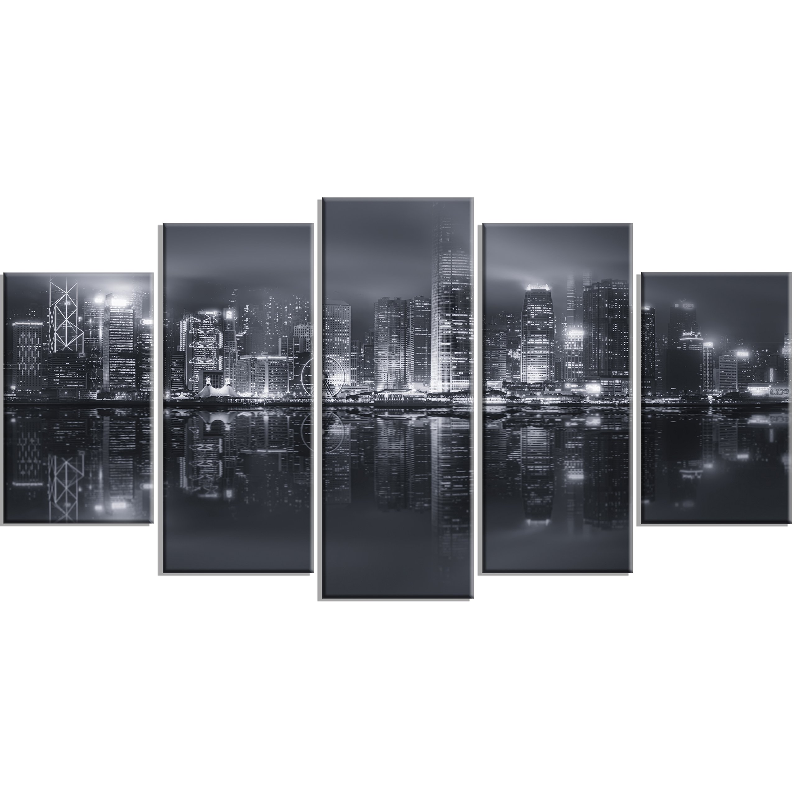 Hong Kong Skyline Canvas Art - Black & White Cityscape Wall Decor - 5 Panel Diamond Shape (60x32 in) - Perfect for Living Room, Office & Modern Home Decor