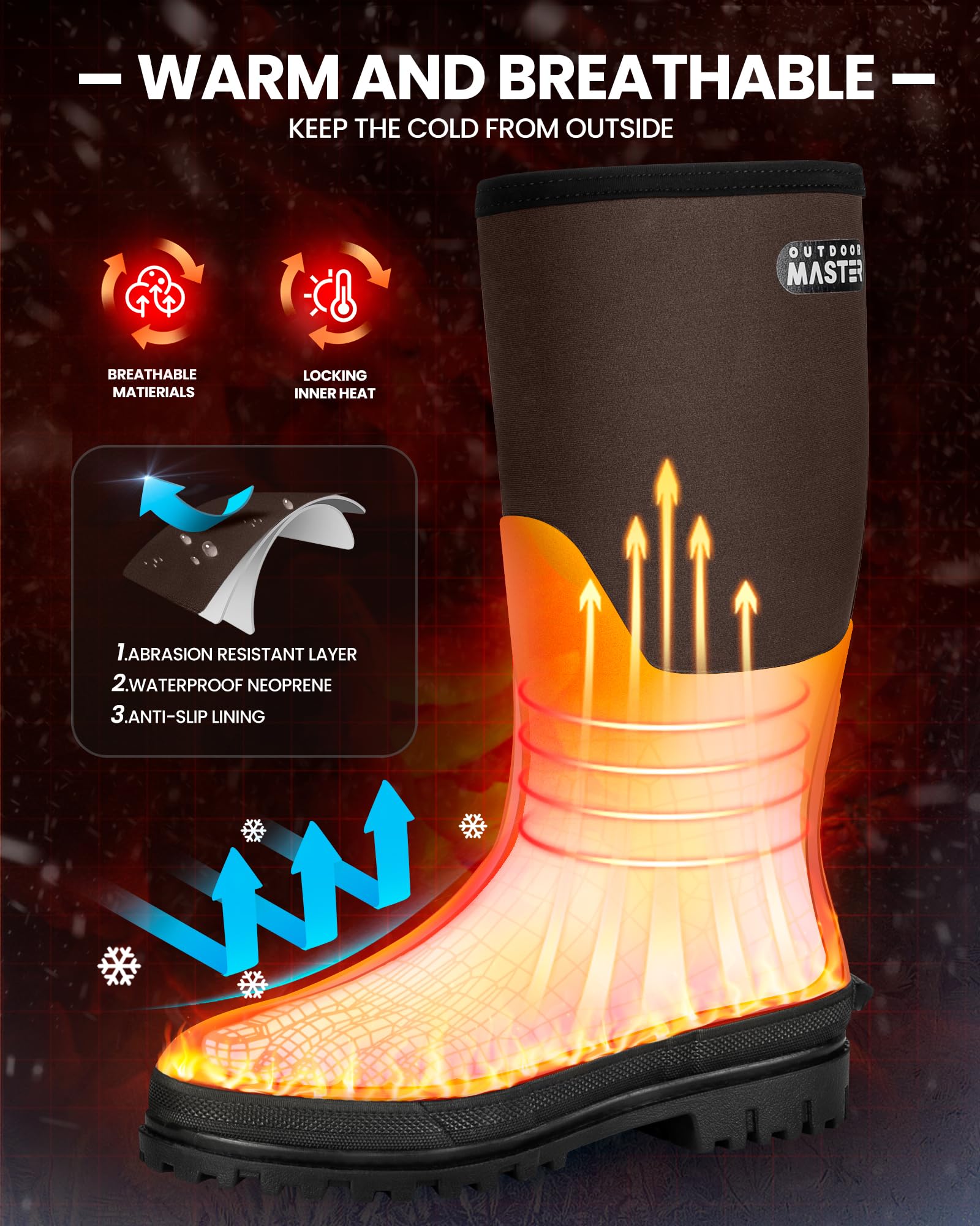 OutdoorMaster Men's Waterproof Hunting Boots - Insulated Anti-Slip Rubber Neoprene Outdoor Boots for Winter Hunting, Fishing & Hiking