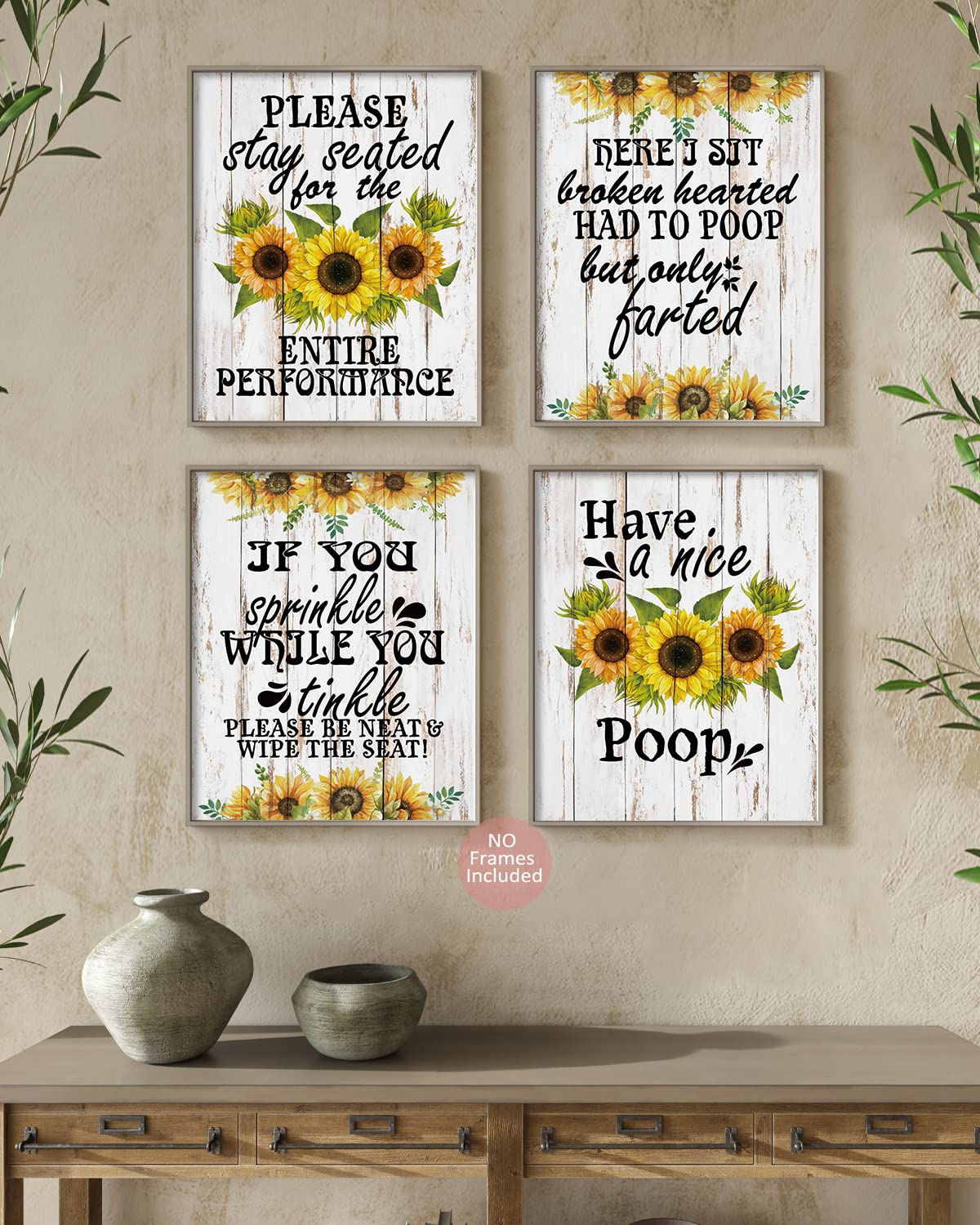 Funny Sunflower Bathroom Wall Art - Humorous Quotes Poster Set of 4 for Home Decor
