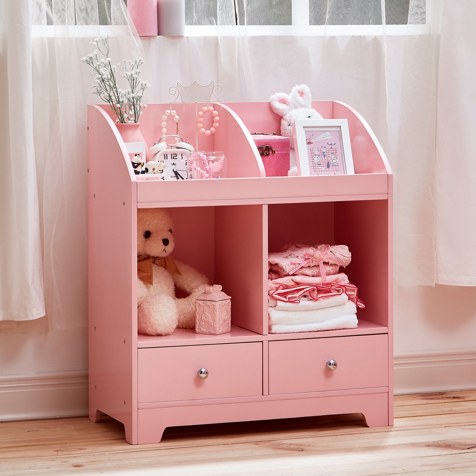 Teamson Kids Windsor Wooden Cubby Storage Organizer - Pink Toy Storage Shelf for Bedroom, Playroom & Nursery - Kids Room Organization Solution