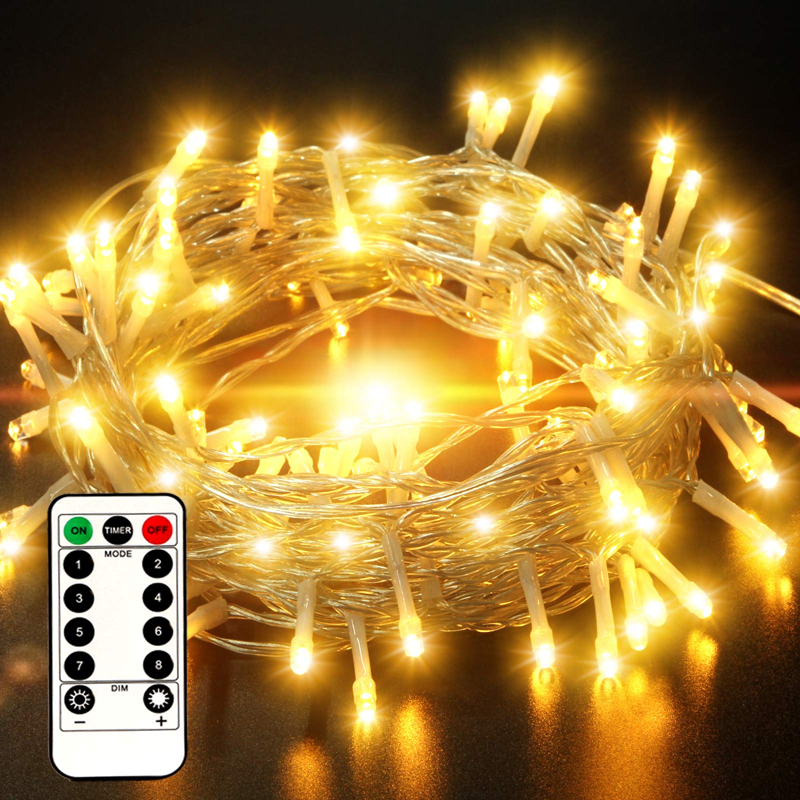 IP65 Waterproof 33FT 100 LED Outdoor String Lights with Remote & Timer - 8 Lighting Modes for Christmas, Halloween, Wedding, Garden, Patio Decor - Battery Operated Fairy Lights (Warm White) - Perfect for Backyard Parties, Holiday Decorations & Romantic Ambiance