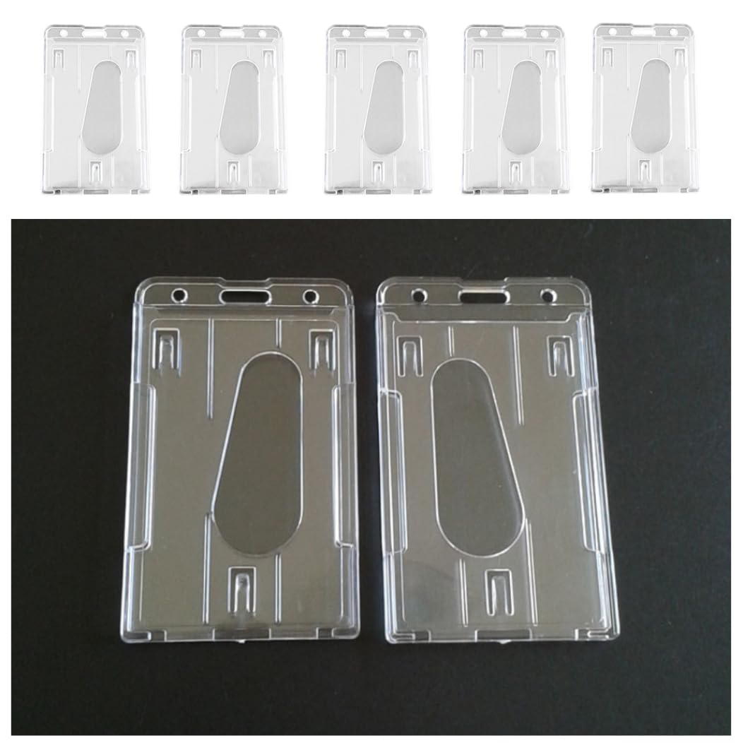 Vertical Dual Sided Hard Plastic ID Card Holders - Waterproof Clear Name Tag Badge Cases (10 Pack) for Office, School, Events & Security Access