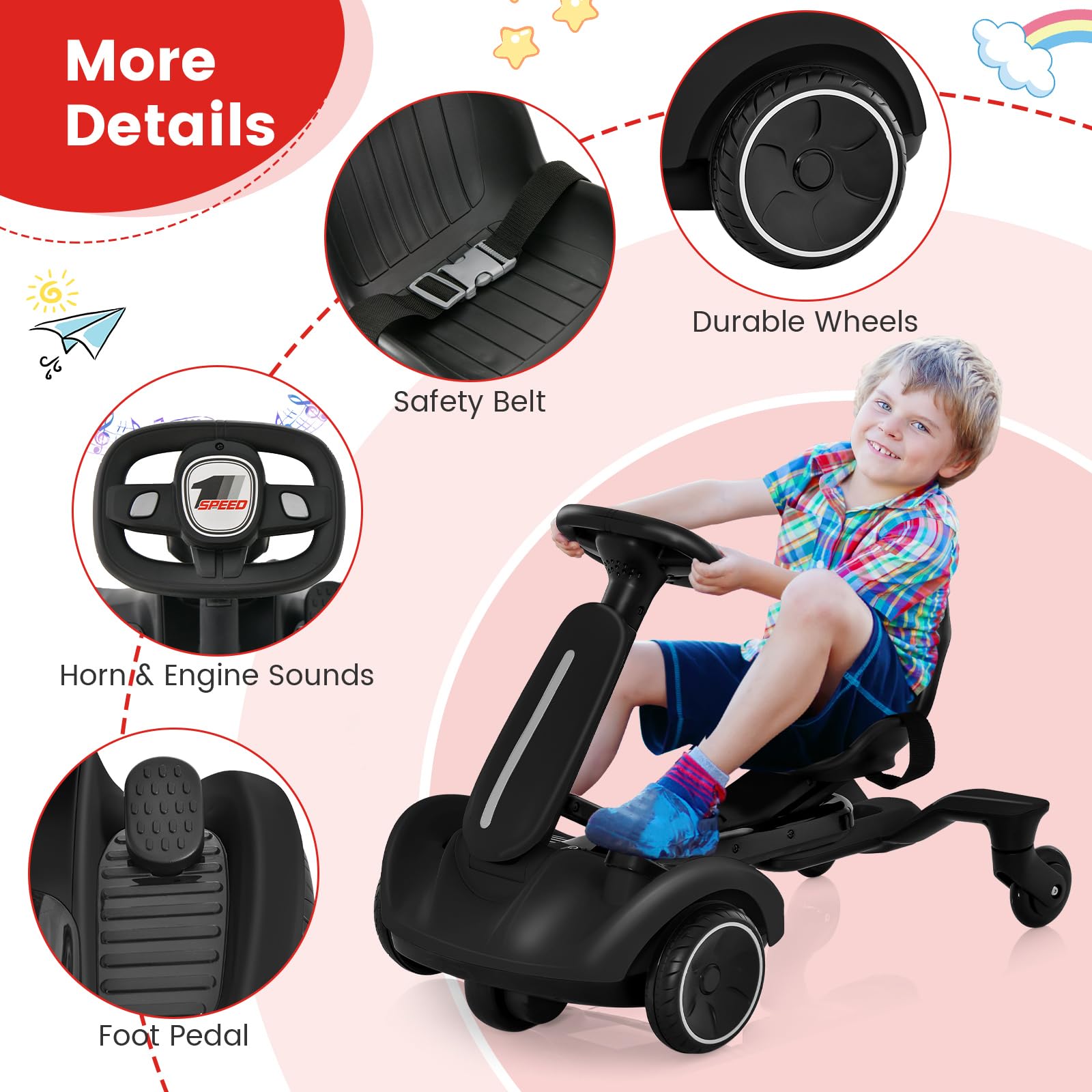 Costzon 6V Electric Ride-On Drift Car for Kids Ages 3+ | 360° Spin, Adjustable Seat, 2.6-3 MPH | Horn & Engine Sounds | Black Kids Drifting Go Kart - Perfect for Indoor Play & Backyard Fun