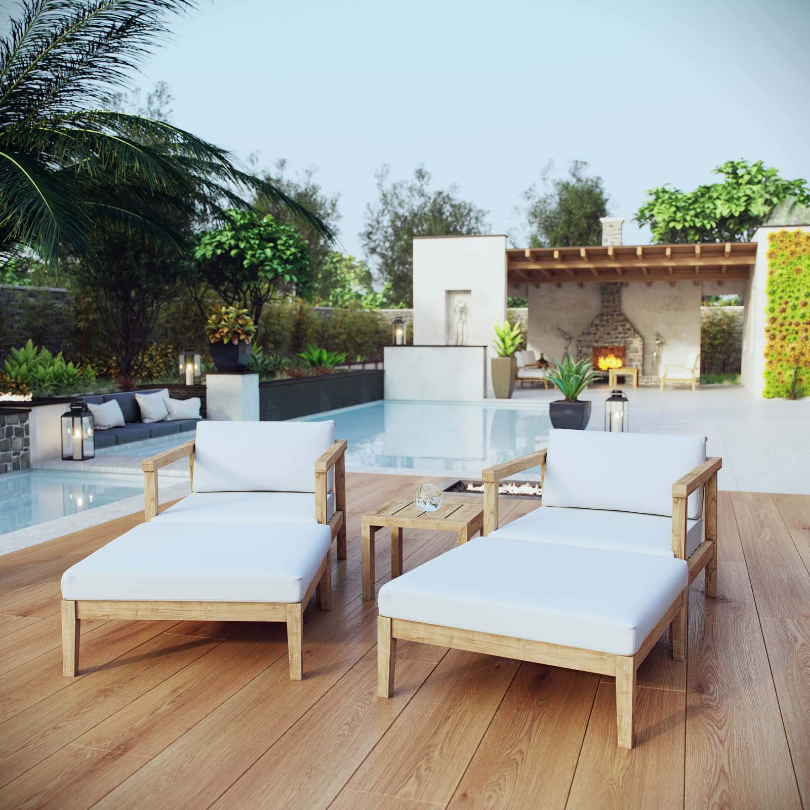 Modern Contemporary Outdoor Patio Lounge Chair Ottoman and Side Table Set - Wooden White Natural Finish - Perfect for Backyard, Poolside, and Garden Relaxation