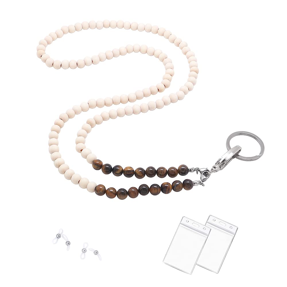Wooden Beaded Lanyard for ID Badges & Glasses - Tiger Eye Stone (Office, Events)