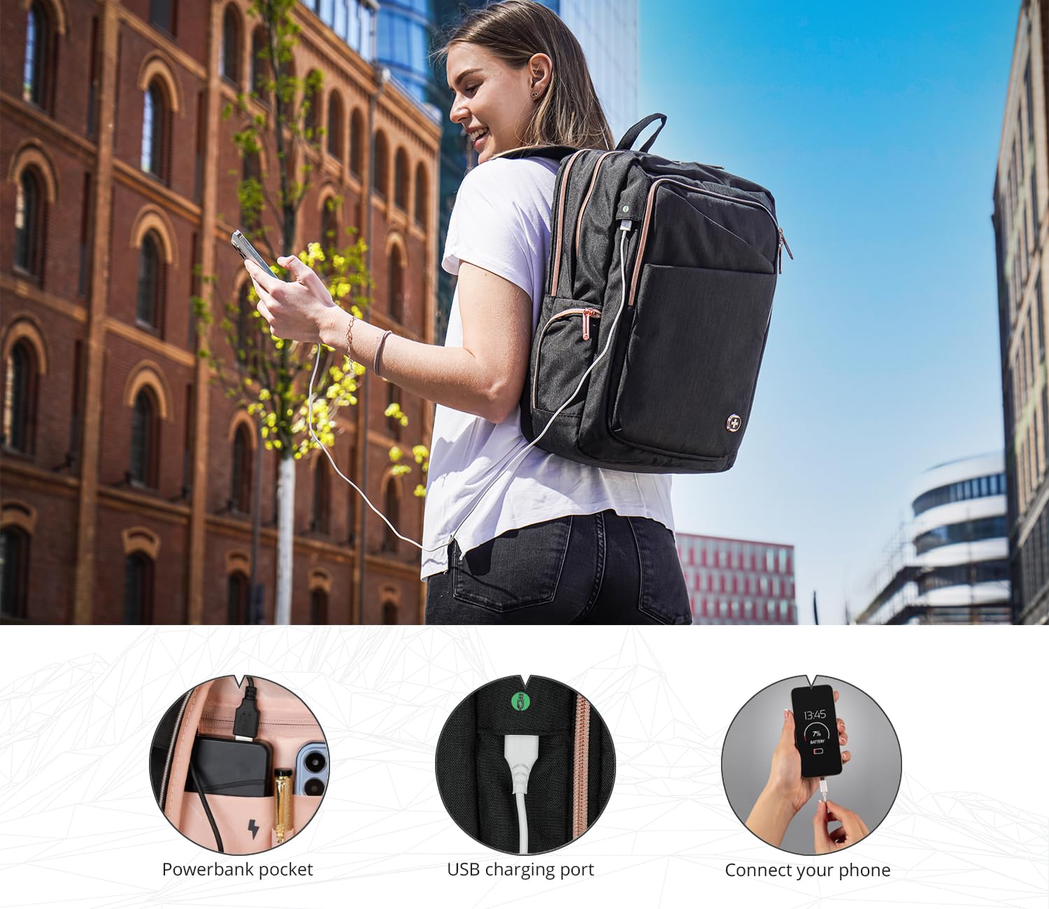 Swissdigital Stylish Women's Business Laptop Backpack with USB Charging Port - Fits 15.6 Inch Laptop, Waterproof Travel & Work Backpack for Office, Commuting & College (SD1006-01)
