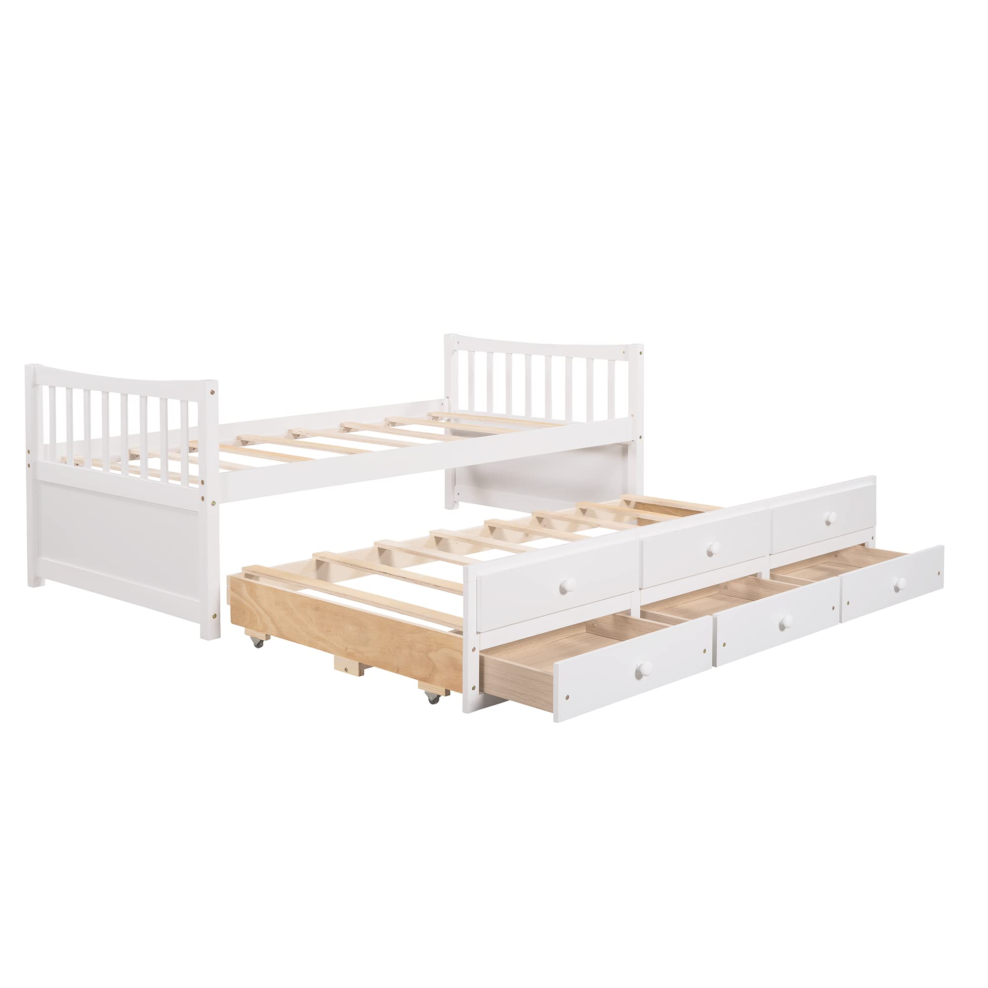 **White Twin Captain's Bed with Trundle & 3 Storage Drawers - Wood Platform Bed Frame with Headboard & Footboard for Kids, Teens & Adults - No Box Spring Needed, Easy Assembly - Perfect for Small Spaces, Guest Rooms & Dormitories**
