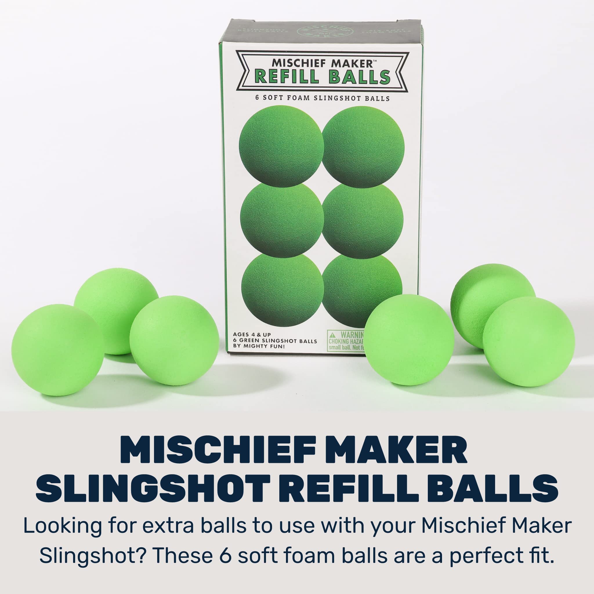 Mischief Maker® Toy Slingshot Foam Balls Refill Pack - 6 Soft Safe Foam Replacement Balls for Kids Outdoor Games, Birthday Party Favors & Backyard Fun - Perfect for Ages 4+ (Green)