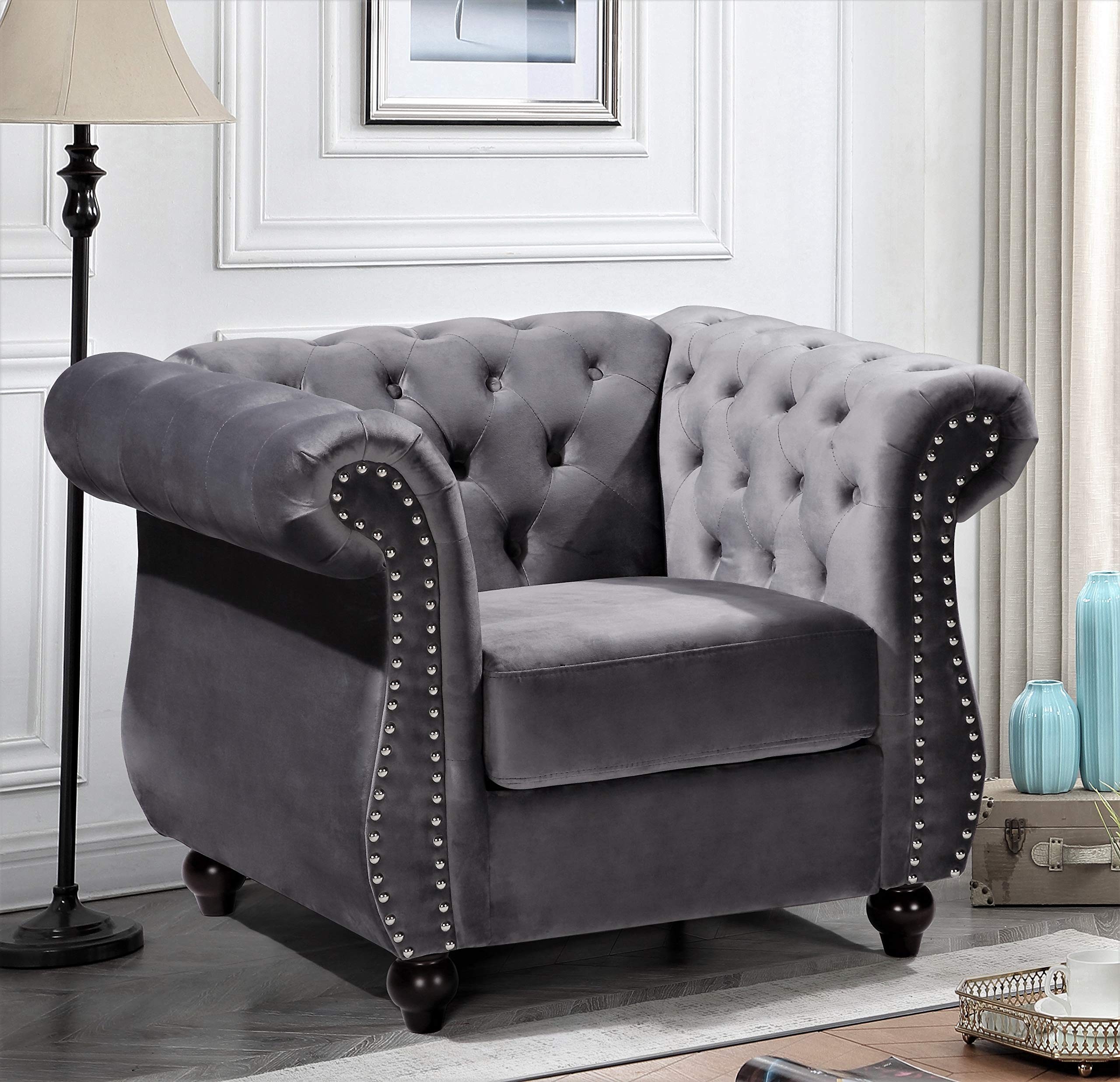 Premium Velvet Chesterfield Sofa with Diamond Tufting & Nailhead Trim - Modern Living Room Couch with Sturdy Metal Frame - Elegant Gray Upholstered Furniture for Home, Office or Lounge Decor