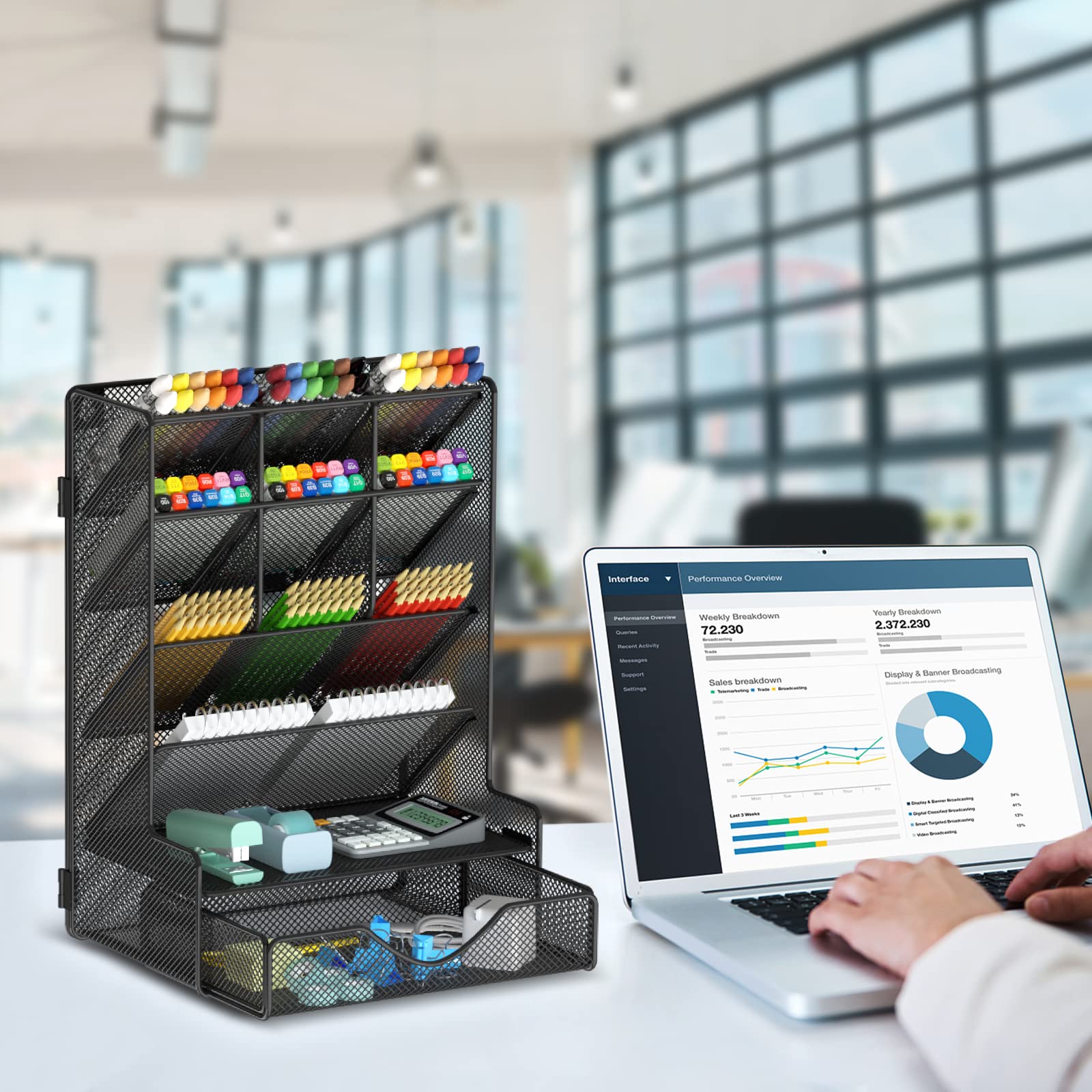 Multi-Functional Desk Pen Organizer with Drawer - Wall Mount Pencil Holder for School, Office & Home - Perfect for Art Supplies, Stationery & Craft Storage (Black) | Ideal for Workspace Organization & Creative Projects